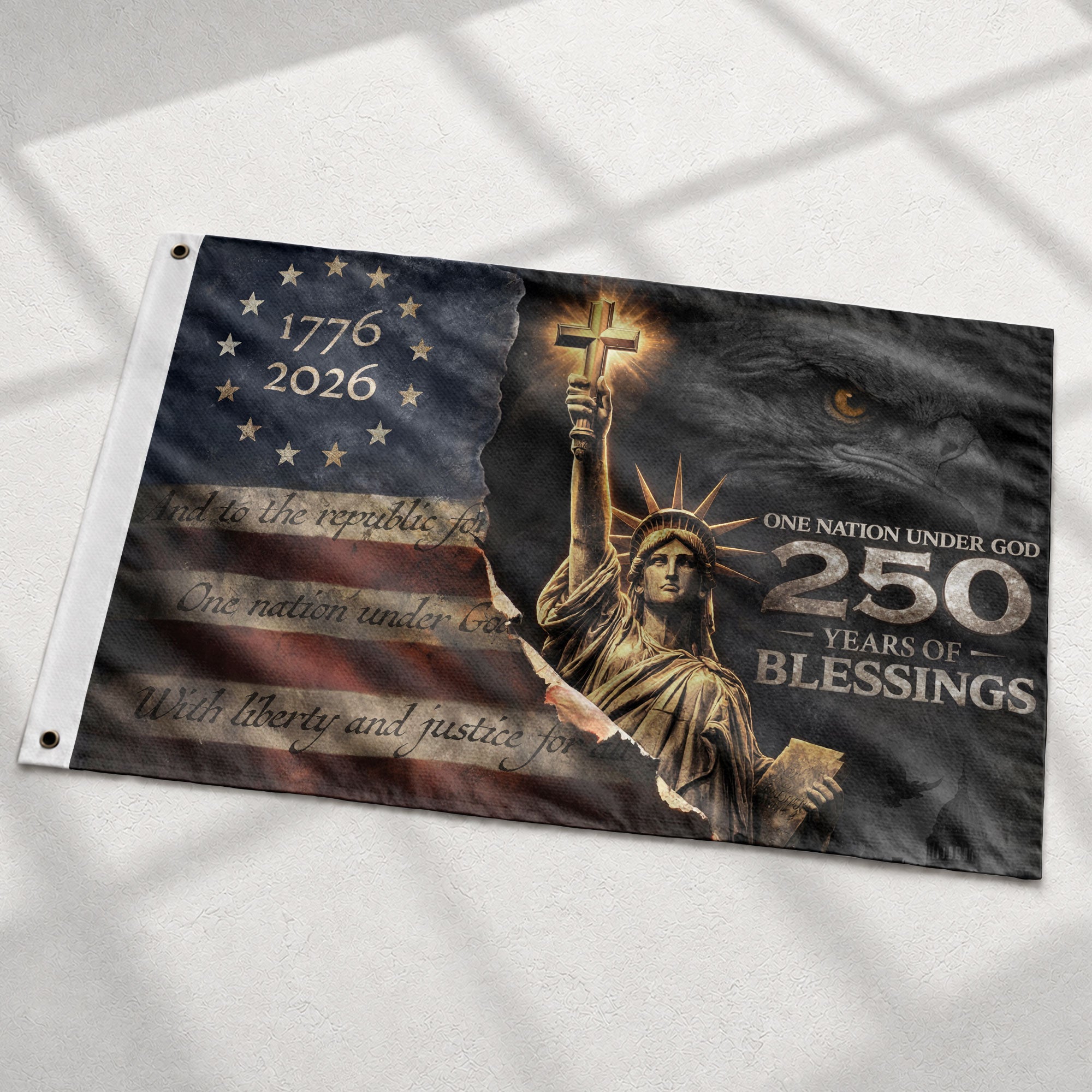 250 Years of Blessings Flag 1776-2026 Statue of Liberty Cross Christian Eagle Banner 3x5ft - Rust Field Wear