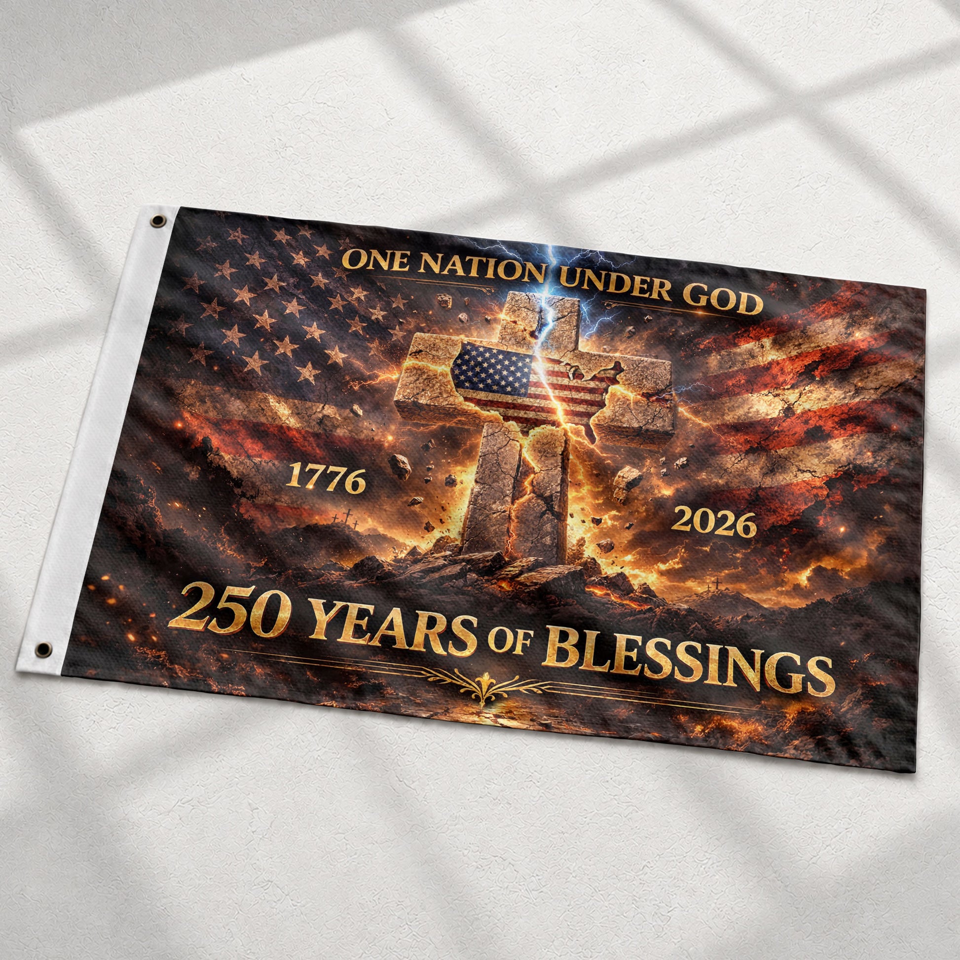 250 Years of Blessings Flag 1776-2026 One Nation Under God Christian Cross USA Banner 3x5ft - Rust Field Wear