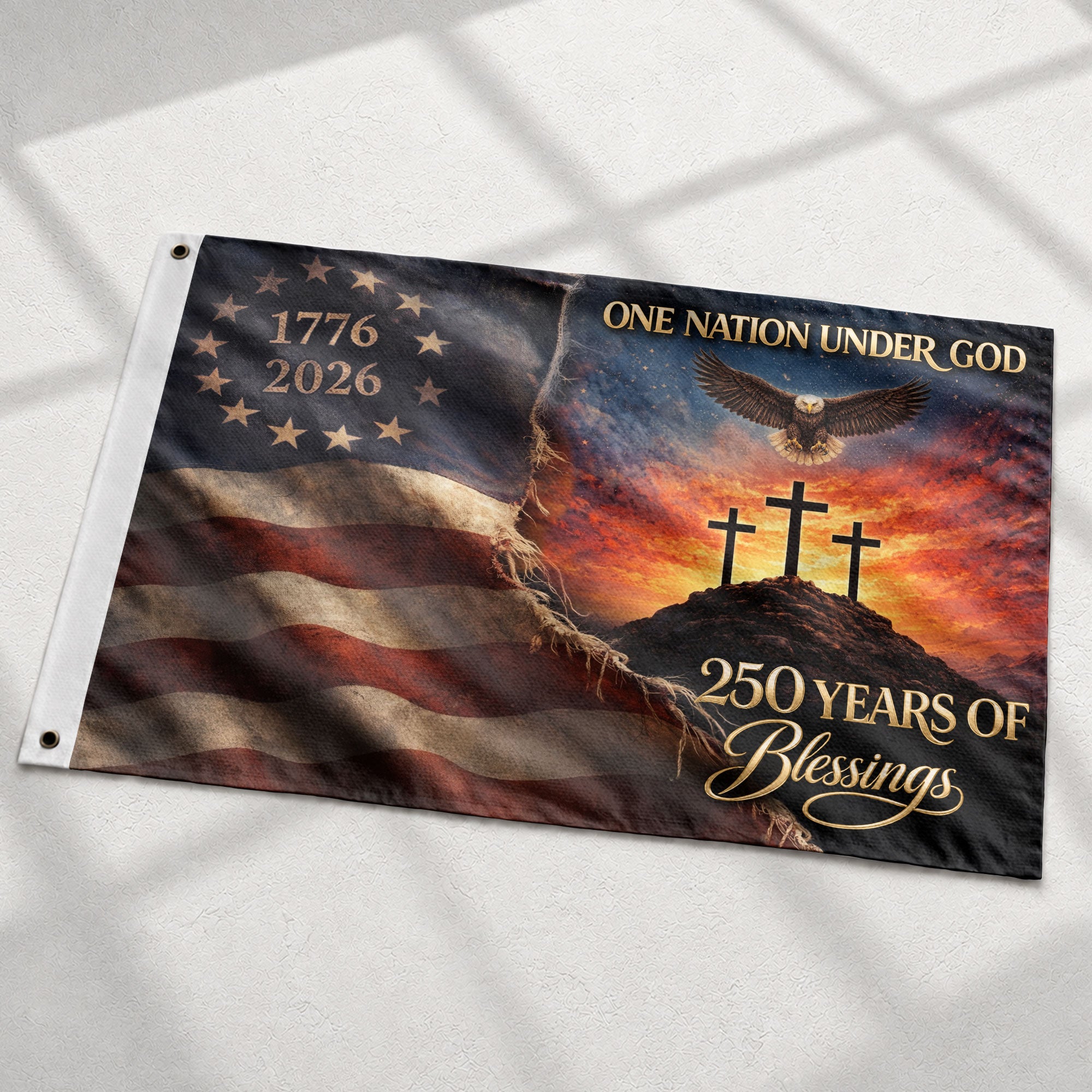 250th Anniversary USA Christian House Flag Three Crosses One Nation Under God Decor - Rust Field Wear