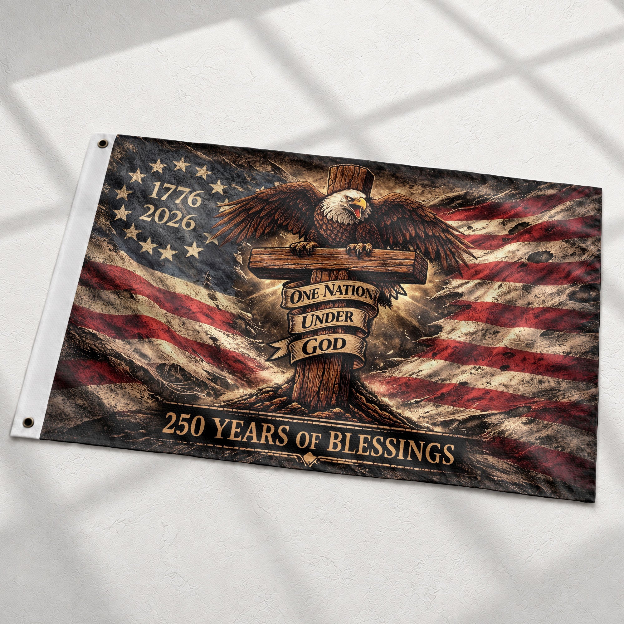 Patriotic Christian House Flag One Nation Under God Eagle Cross 250 Years Blessings 1776-2026 - Rust Field Wear