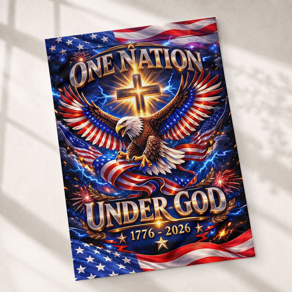 Christian One Nation Under God 250th Anniversary USA Garden Flag 1776–2026 Eagle Cross Patriotic Faith Design - Rust Field Wear