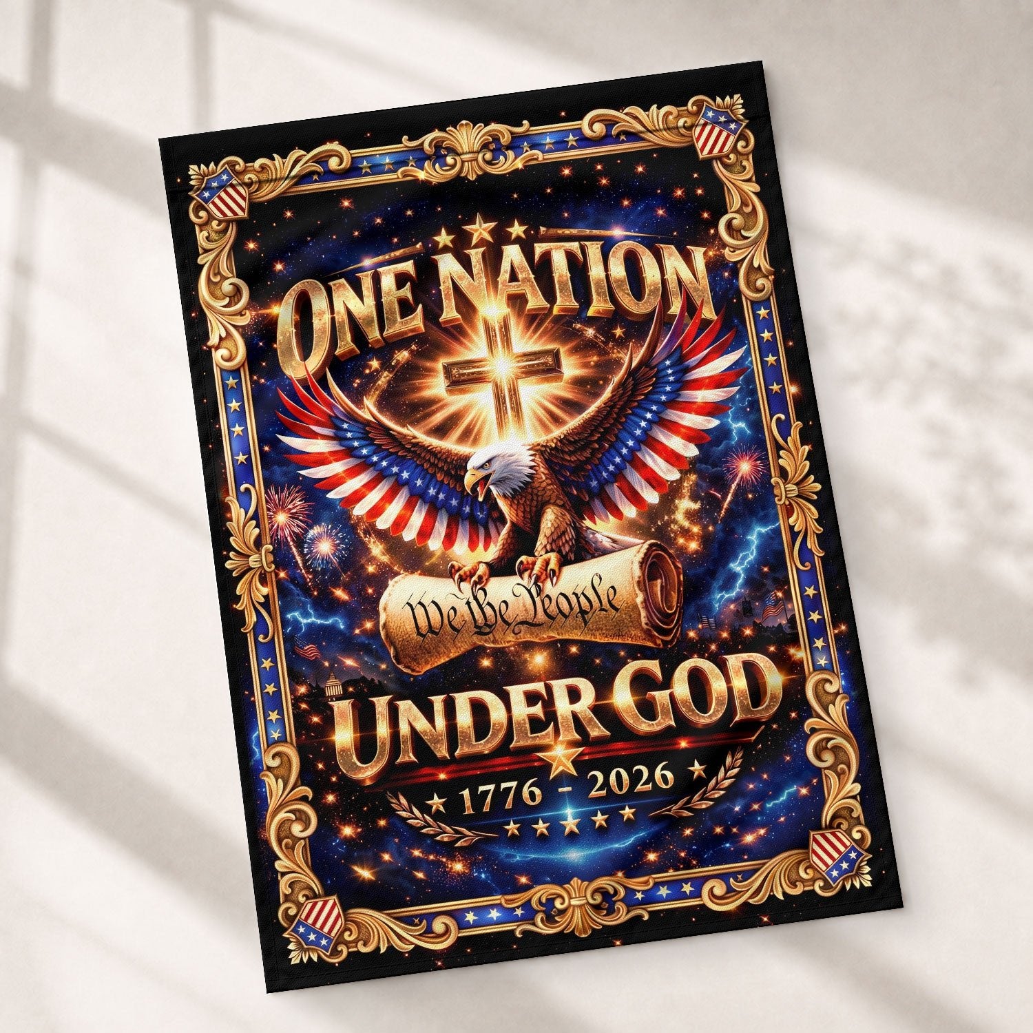 Christian We The People Under God 250th Anniversary USA Garden Flag 1776–2026 Eagle Cross Patriotic Banner - Rust Field Wear