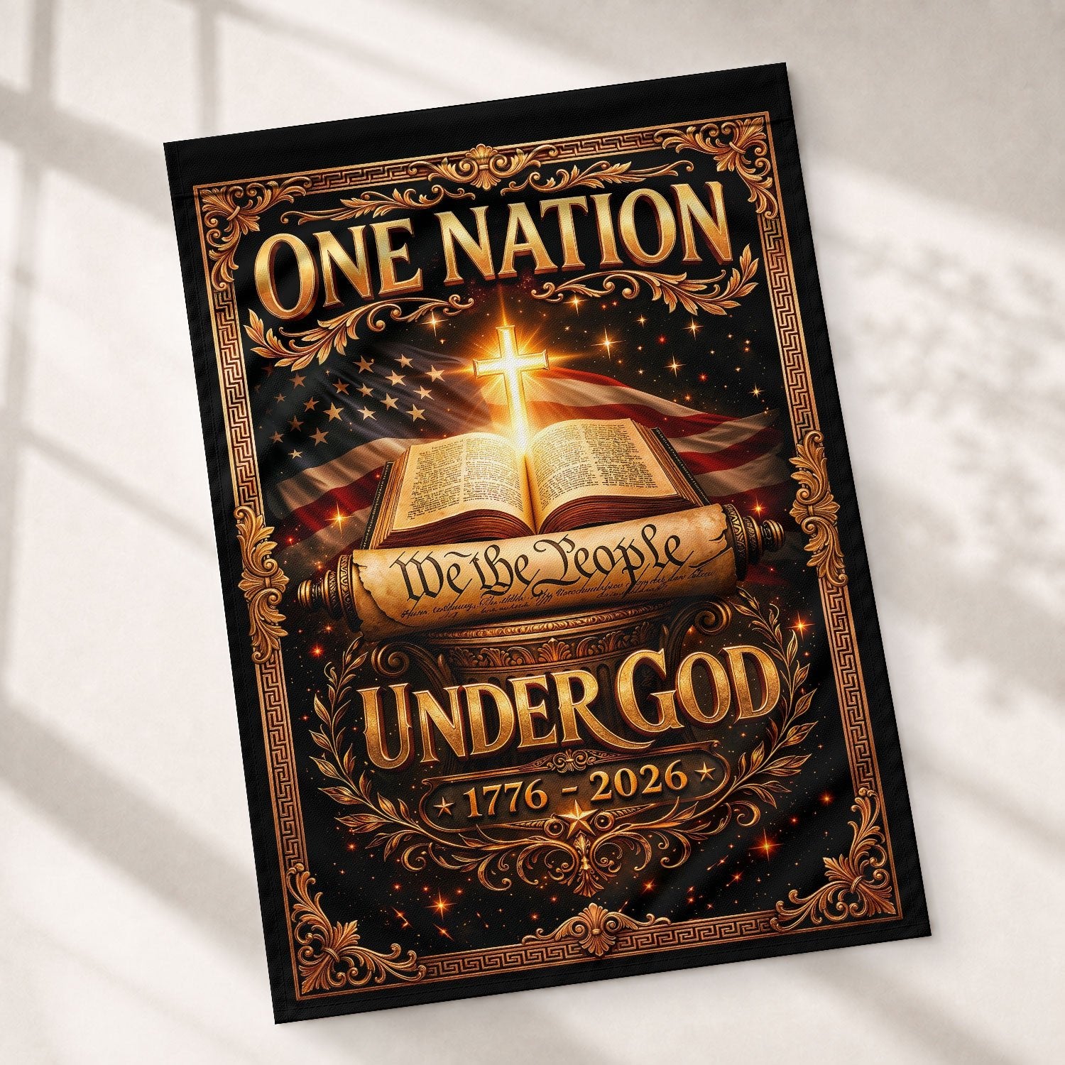Christian One Nation Under God We The People 250th Anniversary USA House Flag 1776–2026 Bible Cross Patriotic Banner - Rust Field Wear