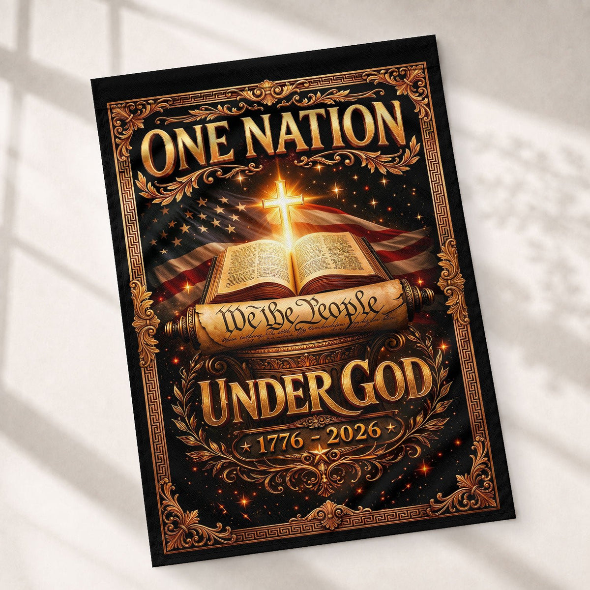 Christian One Nation Under God 250th Anniversary USA Garden Flag 1776–2026 Bible Cross We The People Patriotic Design - Rust Field Wear