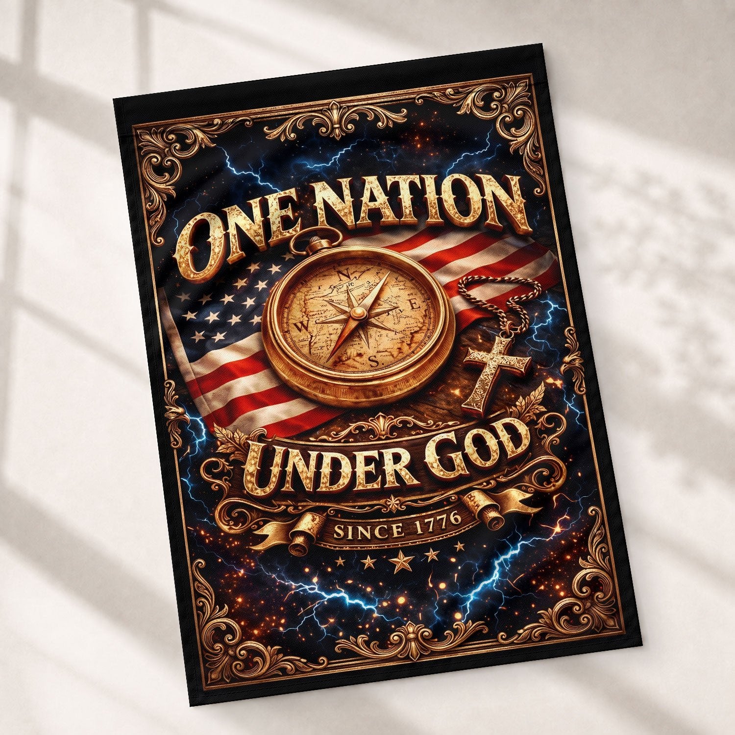 Christian One Nation Under God Since 1776 250th Anniversary USA House Flag Compass Cross Patriotic Faith Design - Rust Field Wear