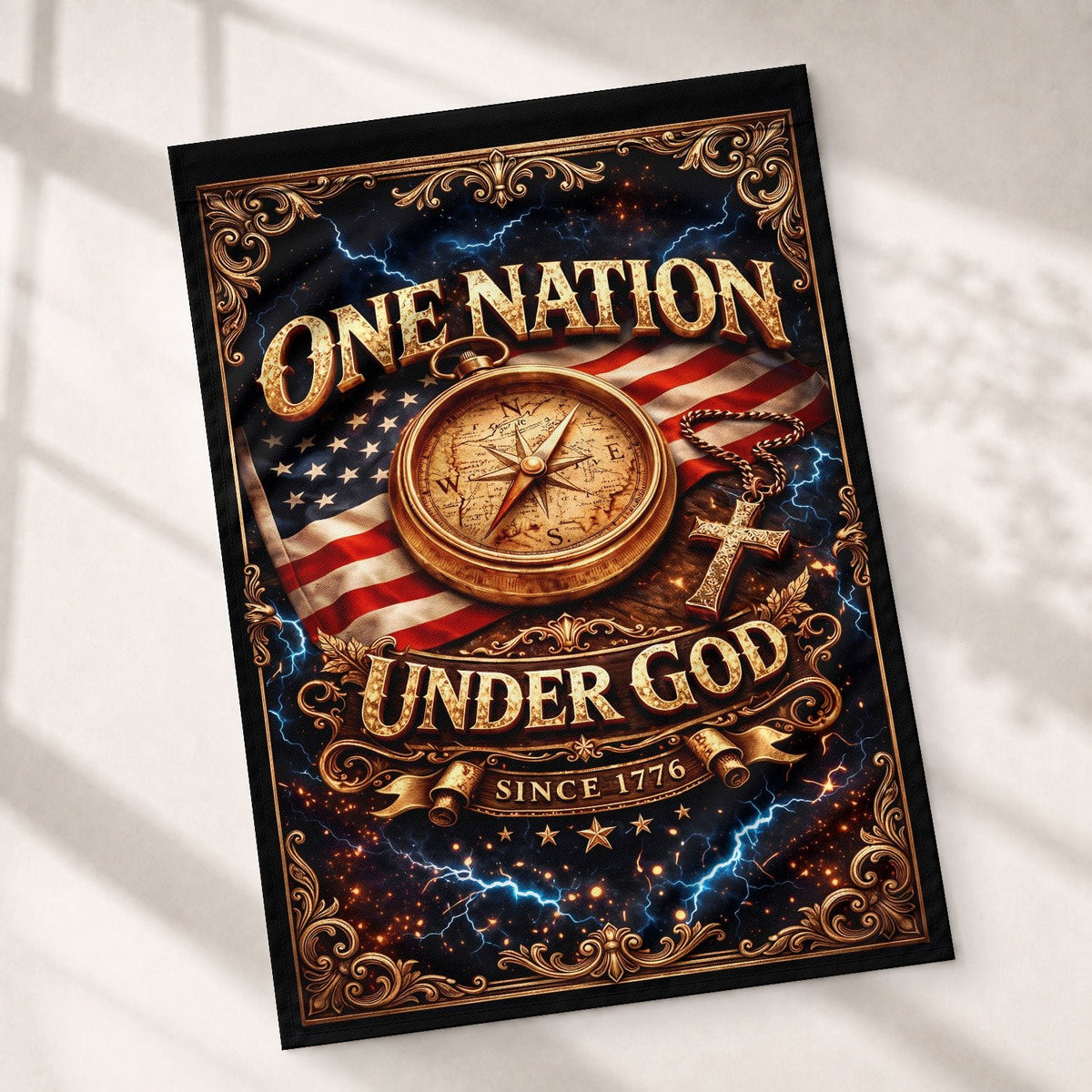 Christian One Nation Under God Since 1776 250th Anniversary USA Garden Flag Compass Cross Patriotic Design - Rust Field Wear