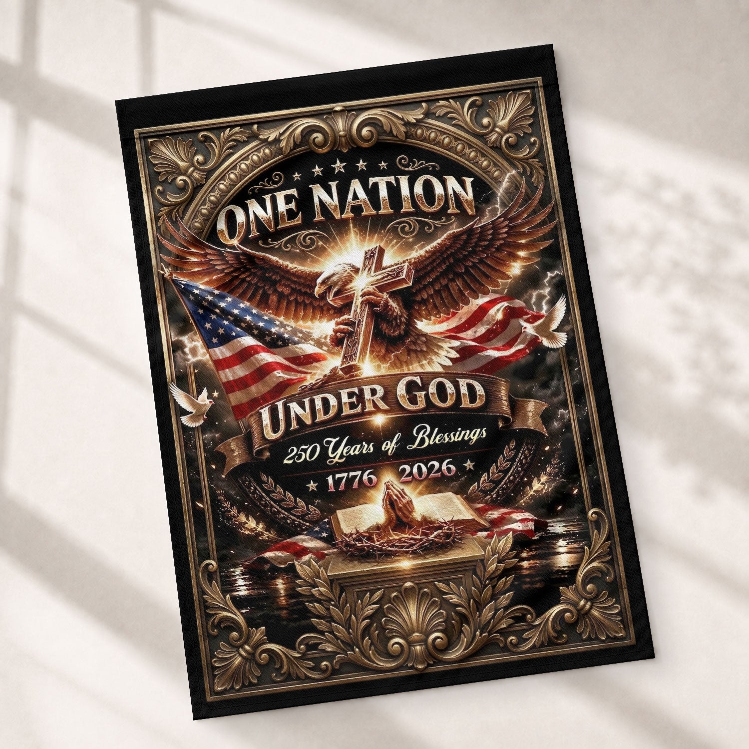 Christian One Nation Under God 250 Years of Blessings USA House Flag 1776–2026 Eagle Cross Patriotic Faith Banner - Rust Field Wear