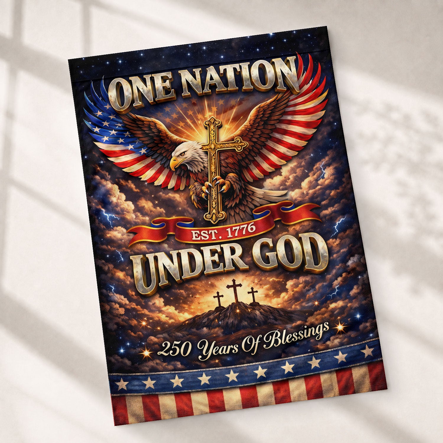 Christian One Nation Under God 250th Anniversary USA Garden Flag 1776–2026 Eagle Cross Faith Patriotic Design - Rust Field Wear