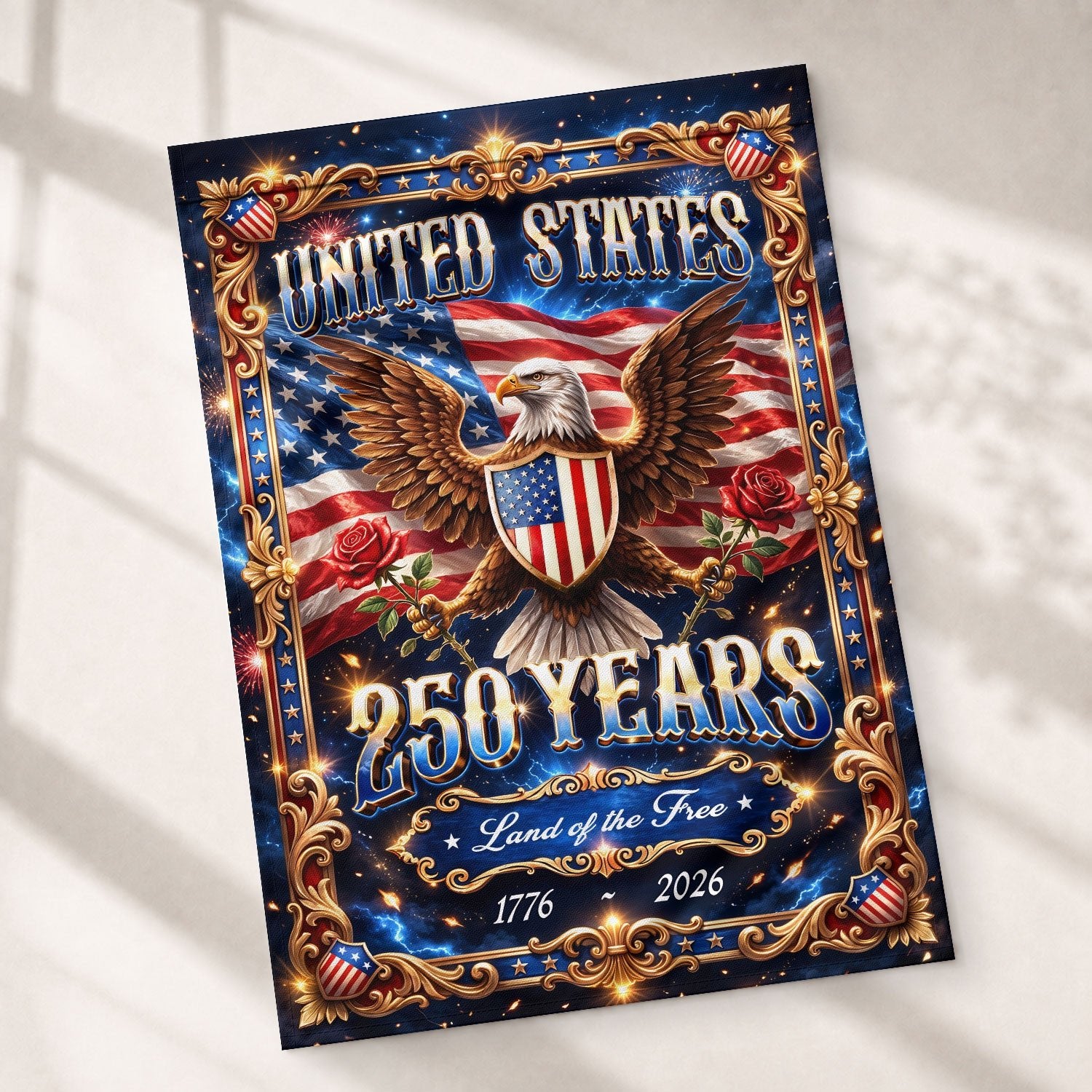 United States 250 Years Garden Flag Eagle Patriotic 1776 2026 Land of the Free - Rust Field Wear
