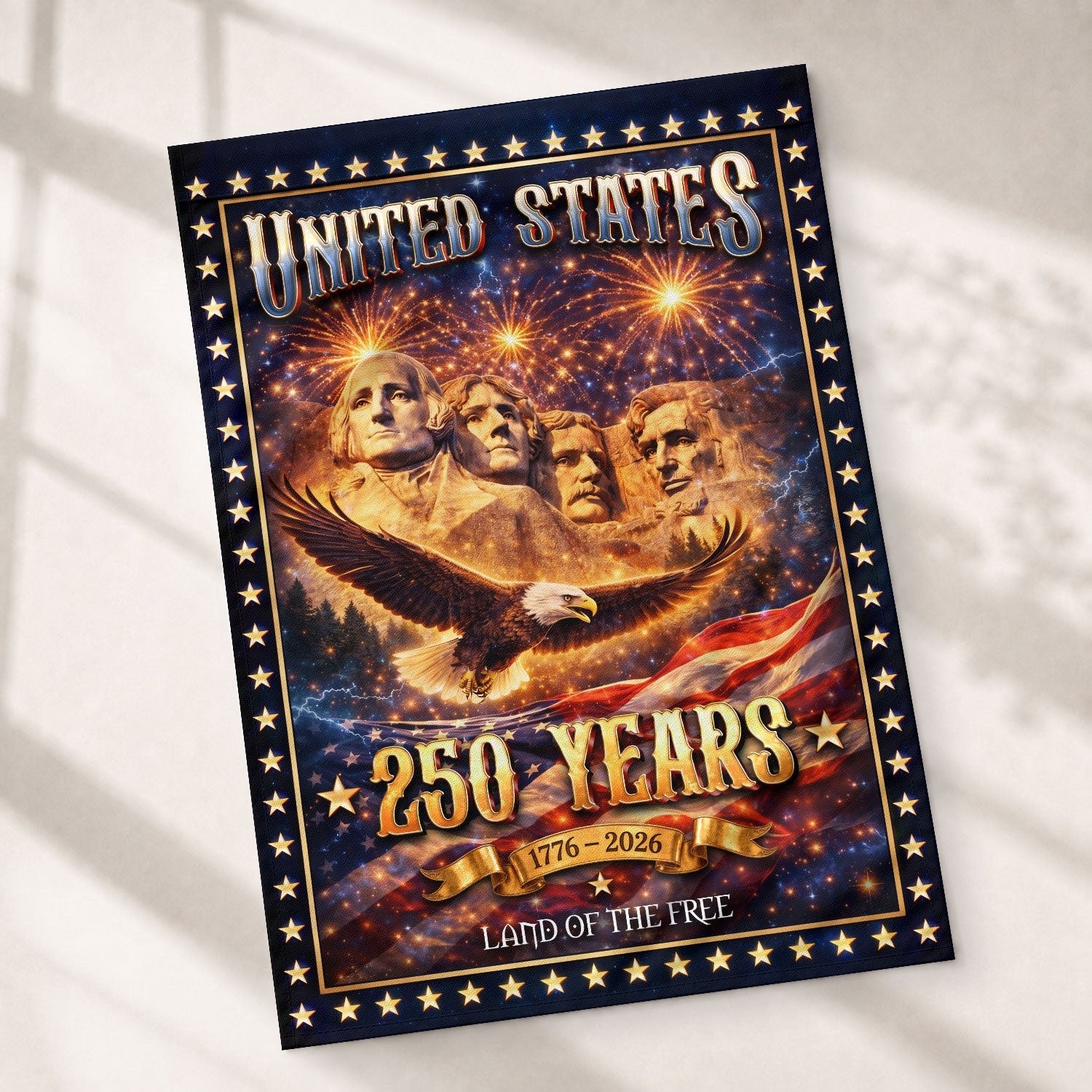 United States 250 Years House Flag Mount Rushmore Eagle 1776 - 2026 Patriotic Banner - Rust Field Wear