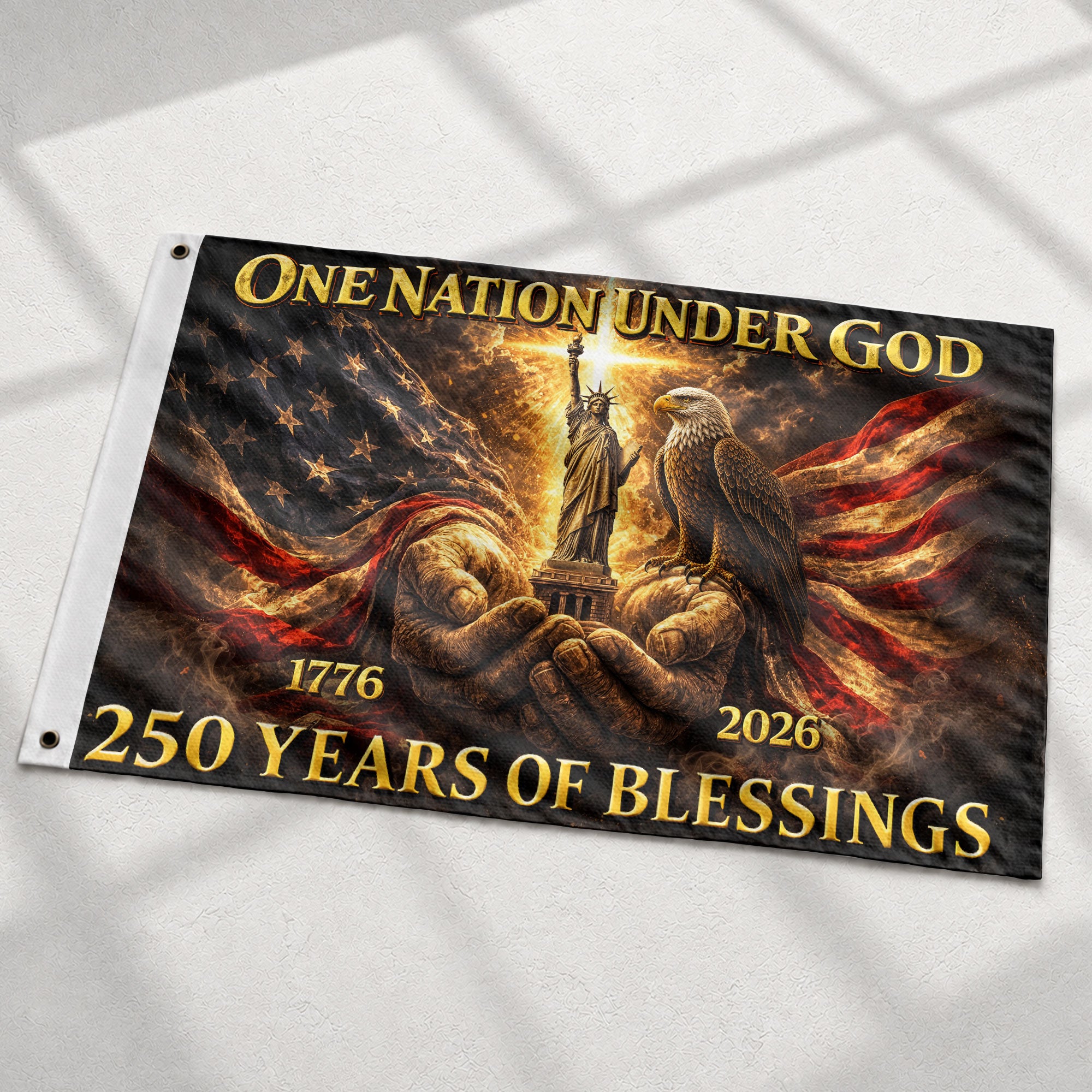 Patriotic God's Hands House Flag 1776-2026 One Nation Under God 250 Years of Blessings - Rust Field Wear