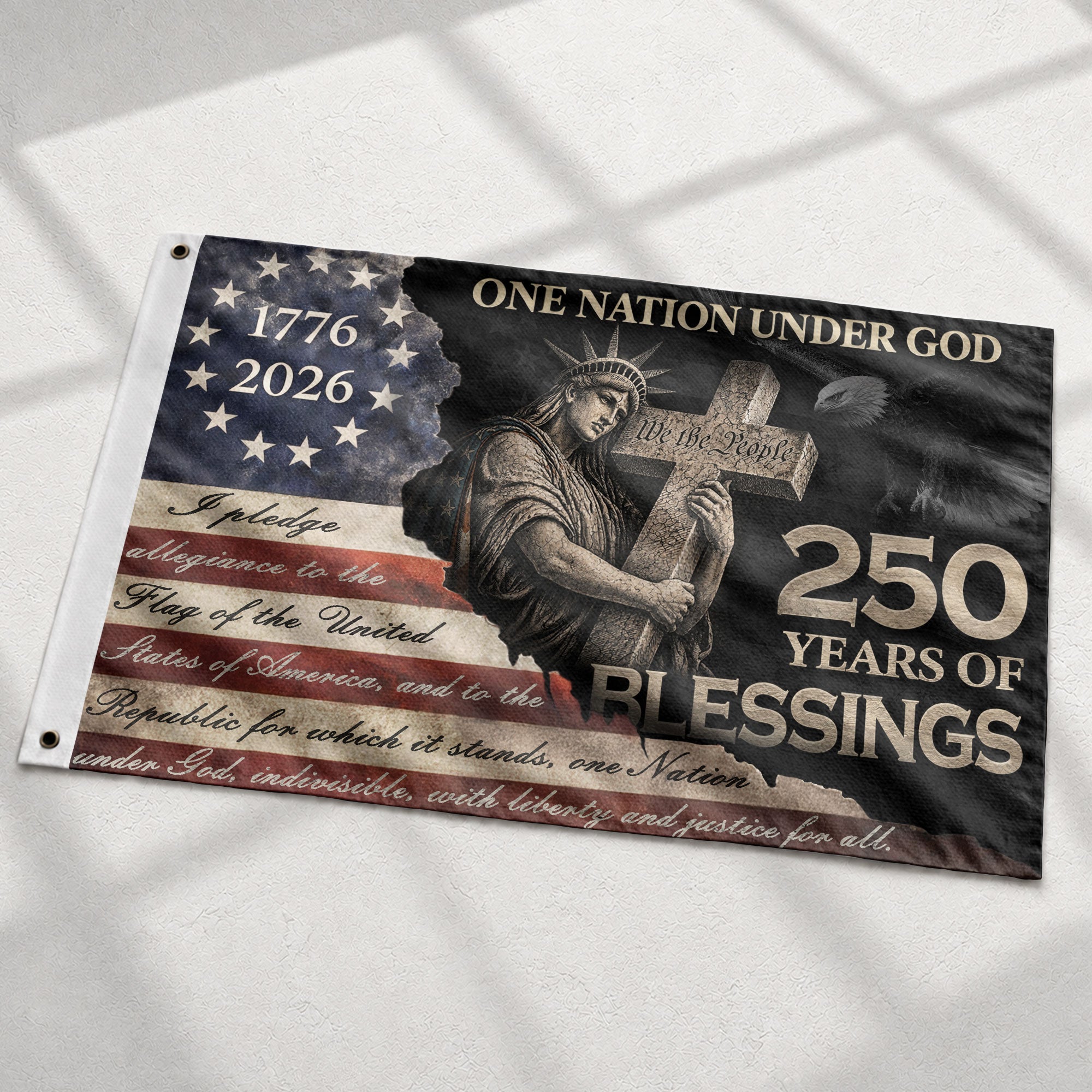 Pledge of Allegiance House Flag 1776-2026 Patriotic Christian 250 Years of Blessings - Rust Field Wear