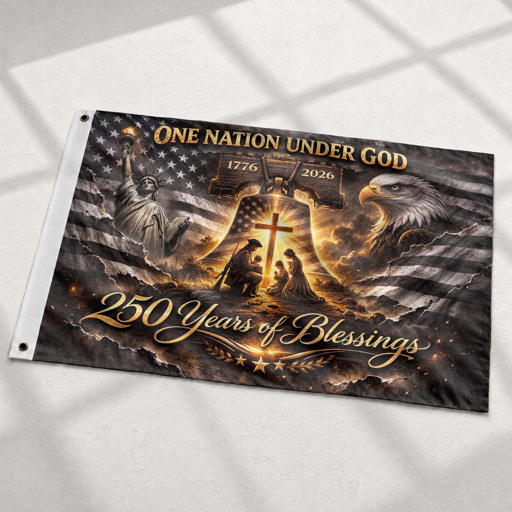 Liberty Bell Patriotic House Flag 1776-2026 One Nation Under God 250 Years of Blessings - Rust Field Wear