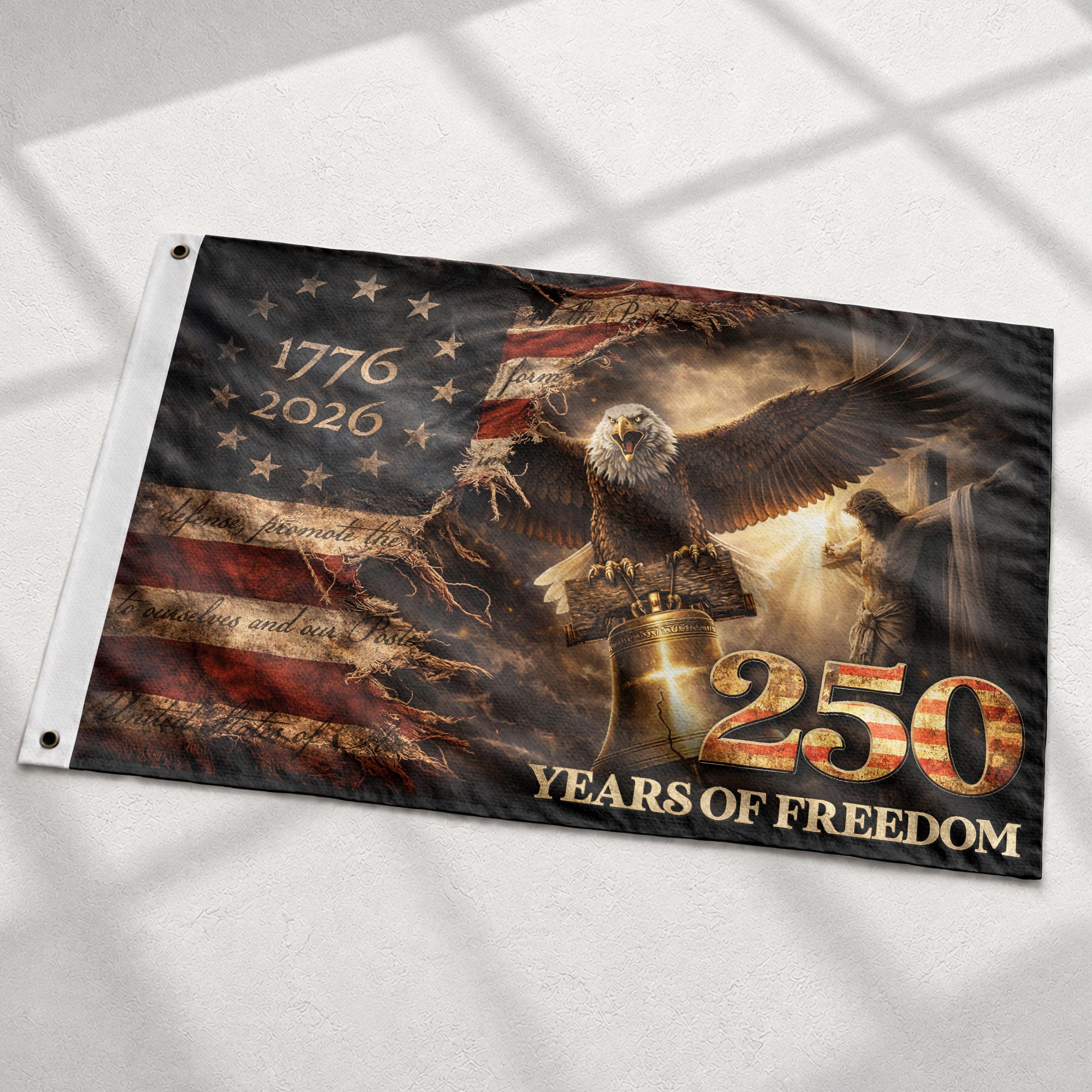 250 Years of Freedom House Flag 1776-2026 Patriotic Eagle Liberty Bell Christian Decor - Rust Field Wear