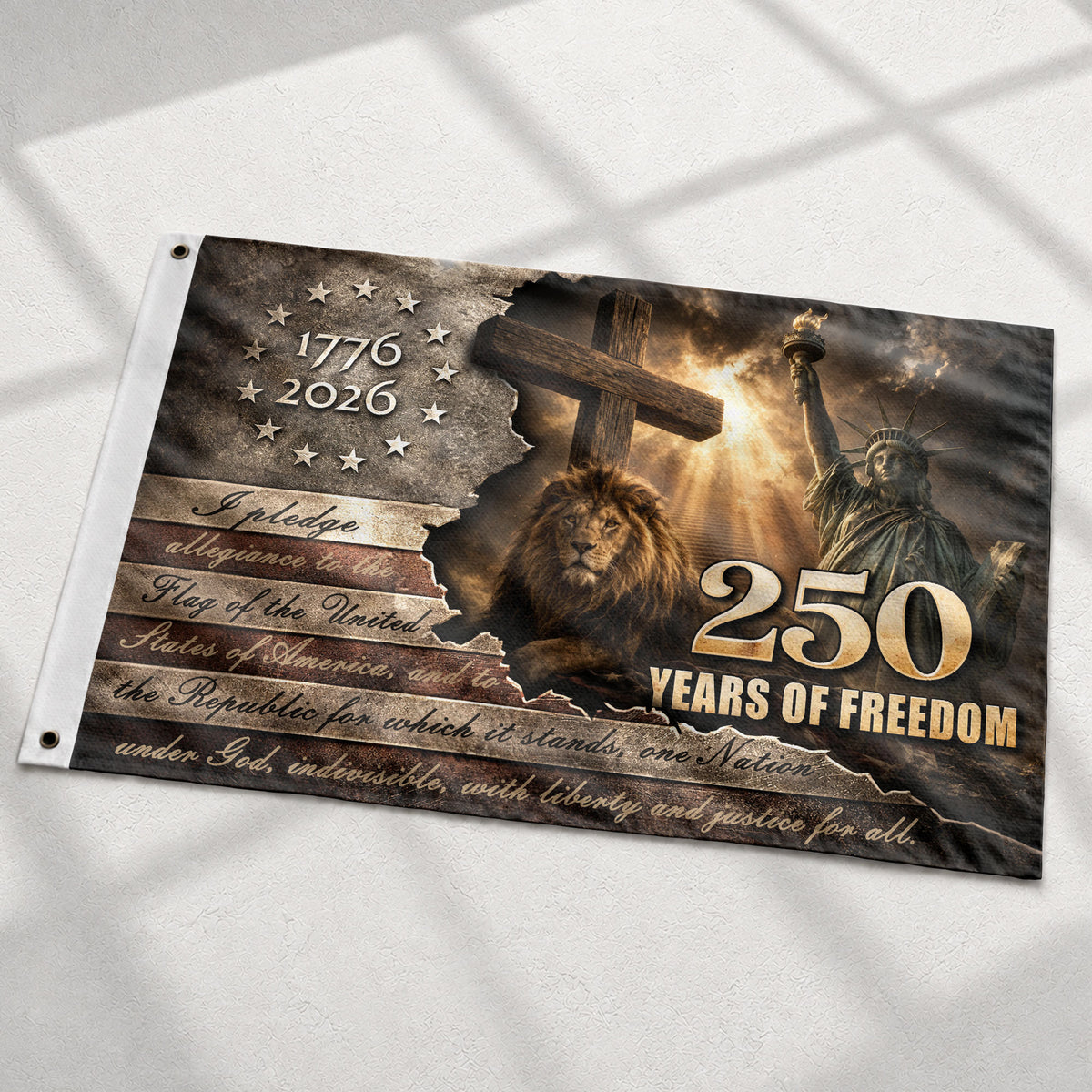 US 1776 2026 Pledge Of Allegiance Lion Cross Liberty Patriotic American Banner Flag 3x5ft - Rust Field Wear