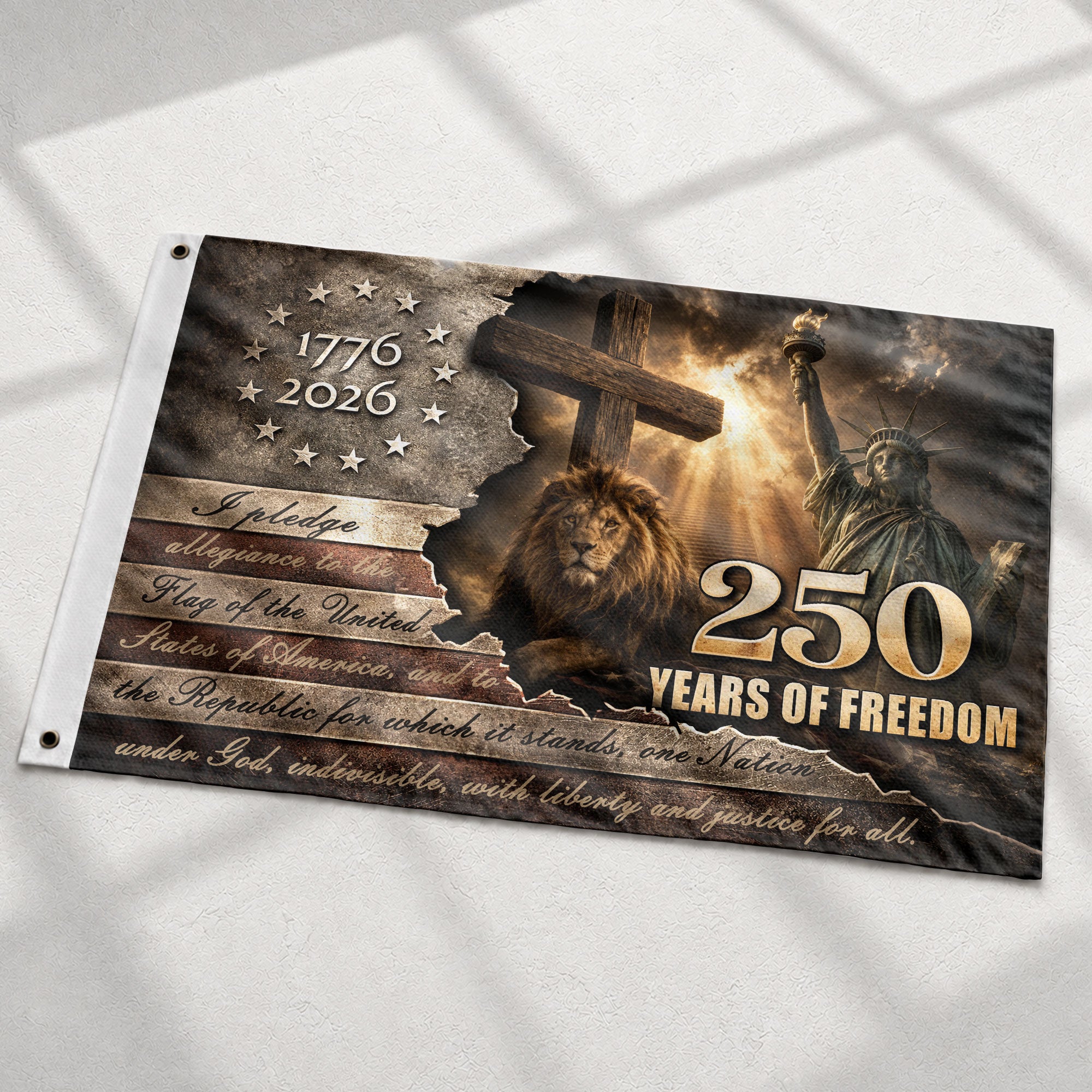 US 1776 2026 Pledge Of Allegiance Lion Cross Liberty Patriotic American Banner Flag 3x5ft