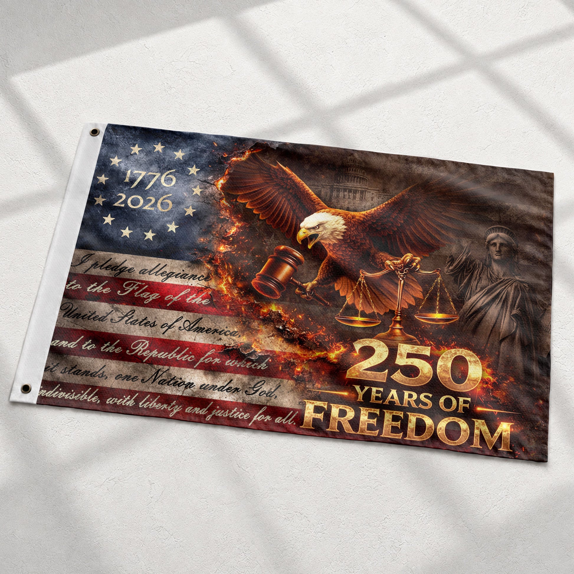 Justice Gavel Eagle House Flag 1776-2026 We The People 250 Years Freedom Patriotic - Rust Field Wear