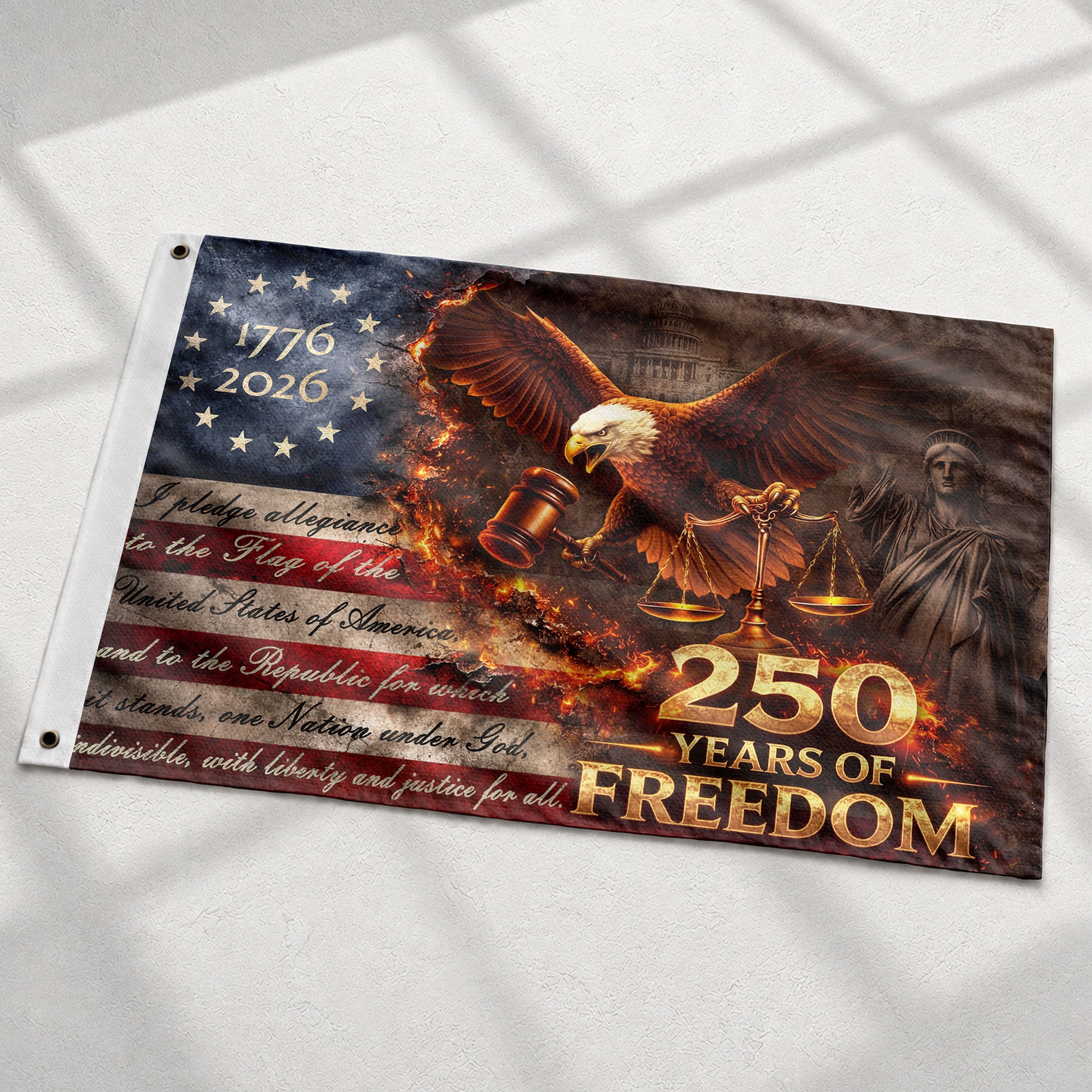Justice Gavel Eagle House Flag 1776-2026 We The People 250 Years Freedom Patriotic - Rust Field Wear