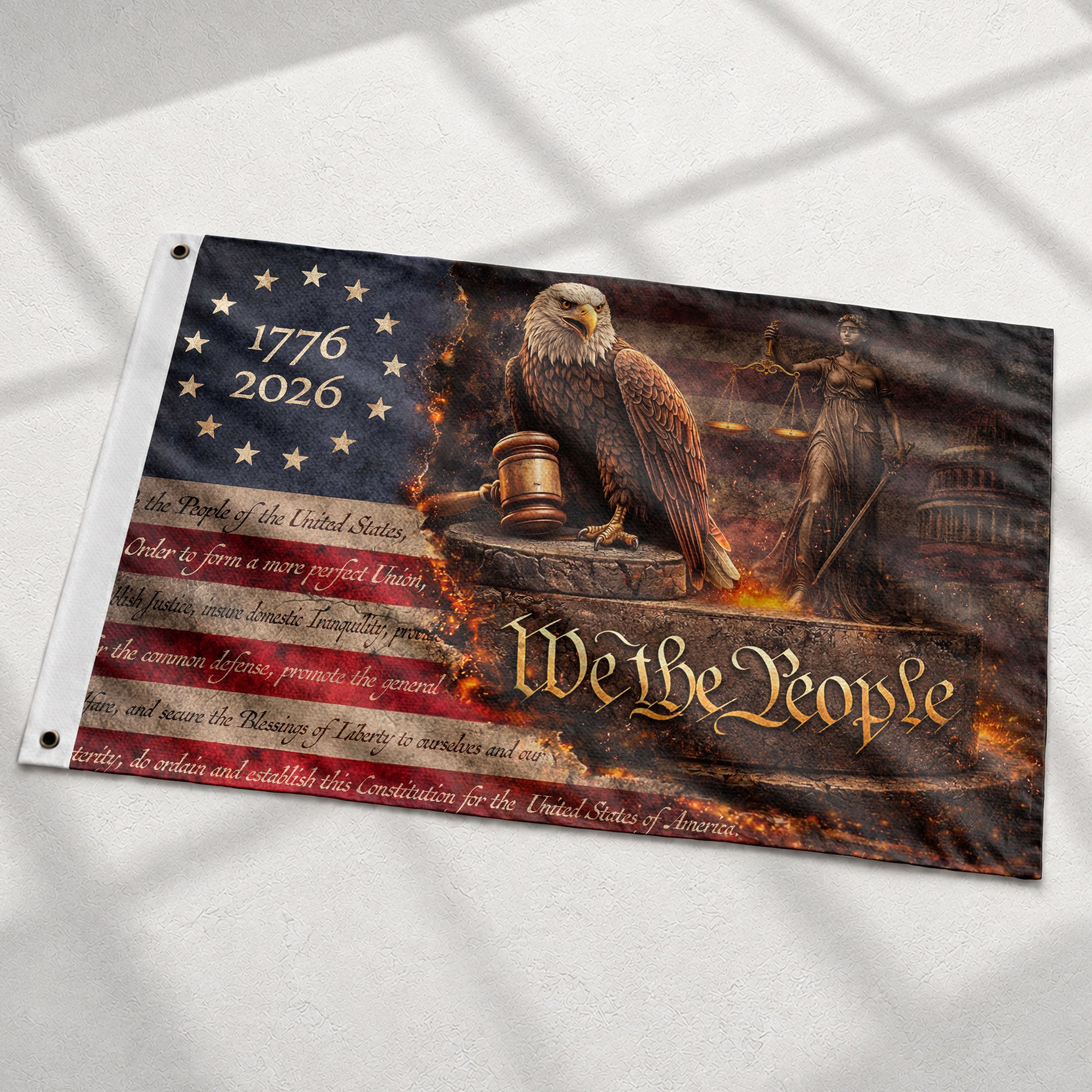 Lady Justice House Flag 1776-2026 Patriotic Eagle Shield We The People 250 Years Decor