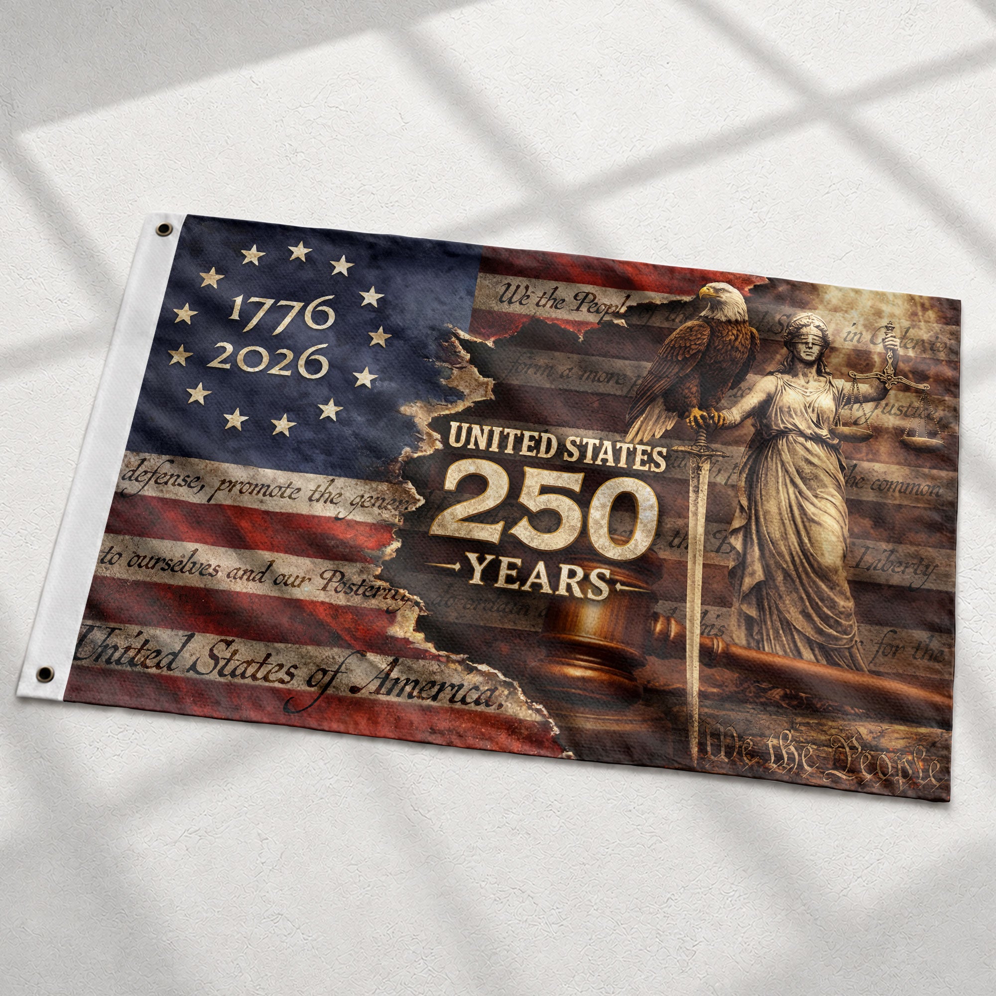 Patriotic Prayer House Flag 1776-2026 Liberty Bell One Nation Under God 250 Years Blessing - Rust Field Wear