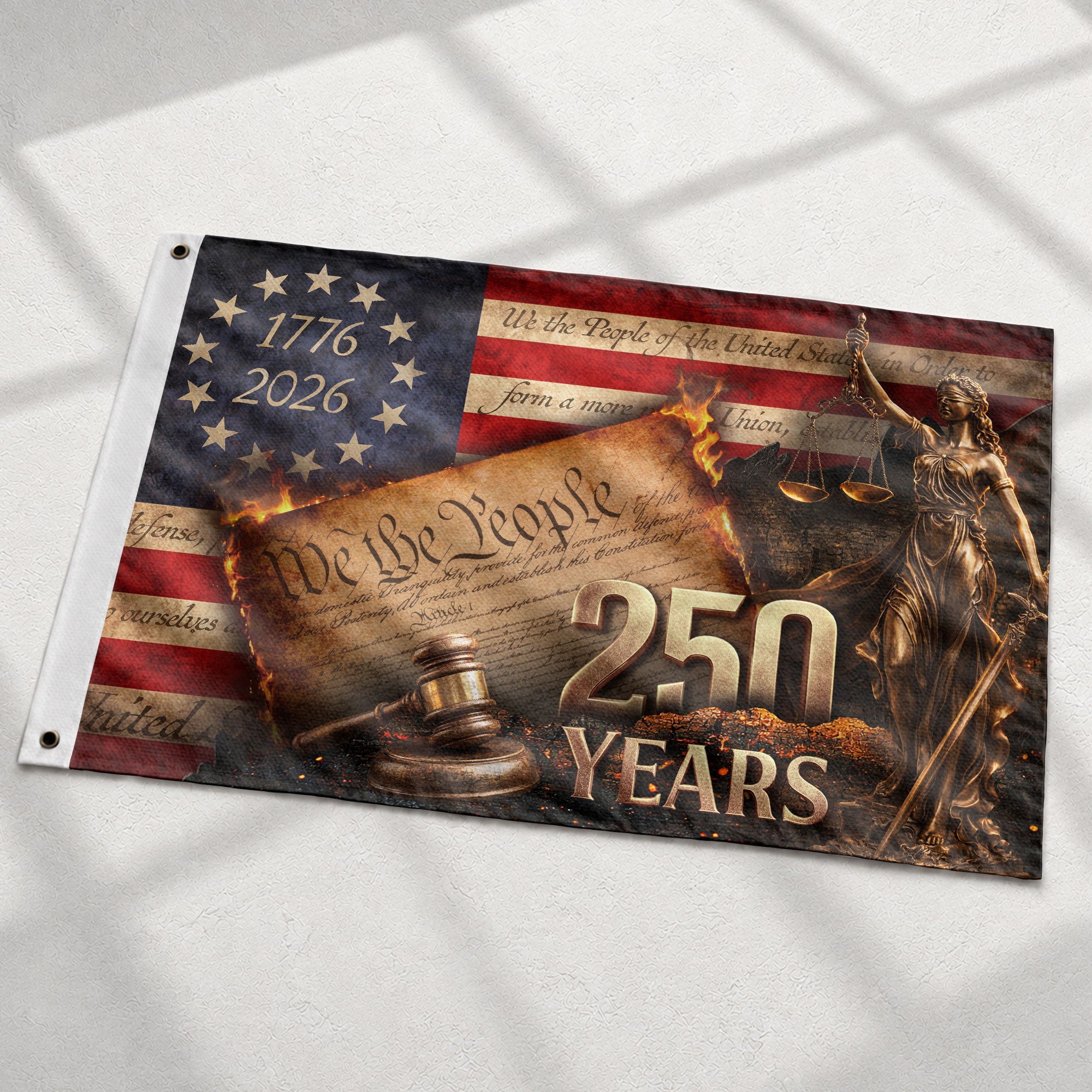 Lady Justice House Flag 1776-2026 We The People 250 Years of Freedom Patriotic Decor - Rust Field Wear