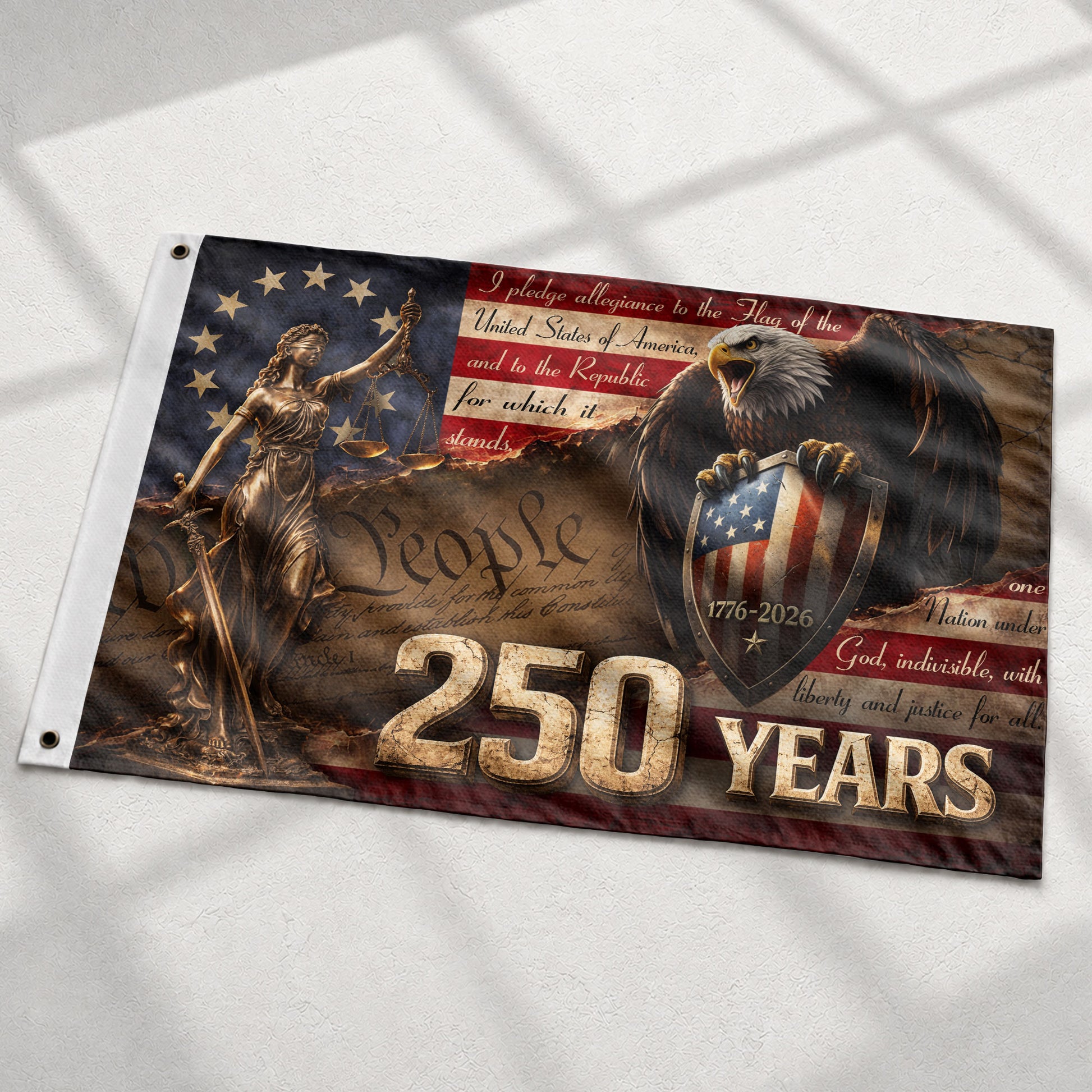 Lady Justice House Flag 1776-2026 We The People 250 Years of Freedom Patriotic Eagle Decor - Rust Field Wear