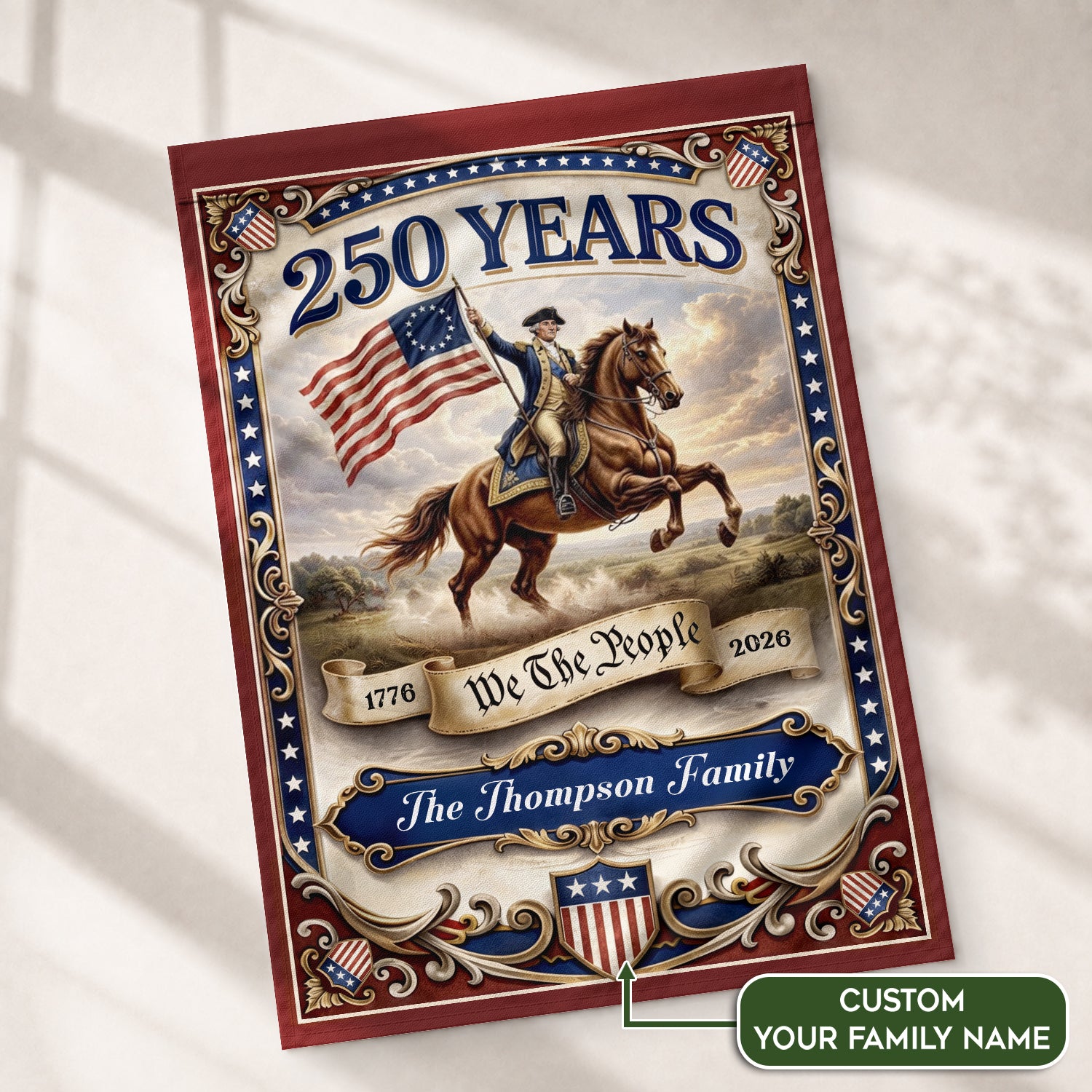 George Washington Horseback Garden Flag Custom Family Name 250 Years Freedom 1776-2026 Patriotic Decor - Rust Field Wear