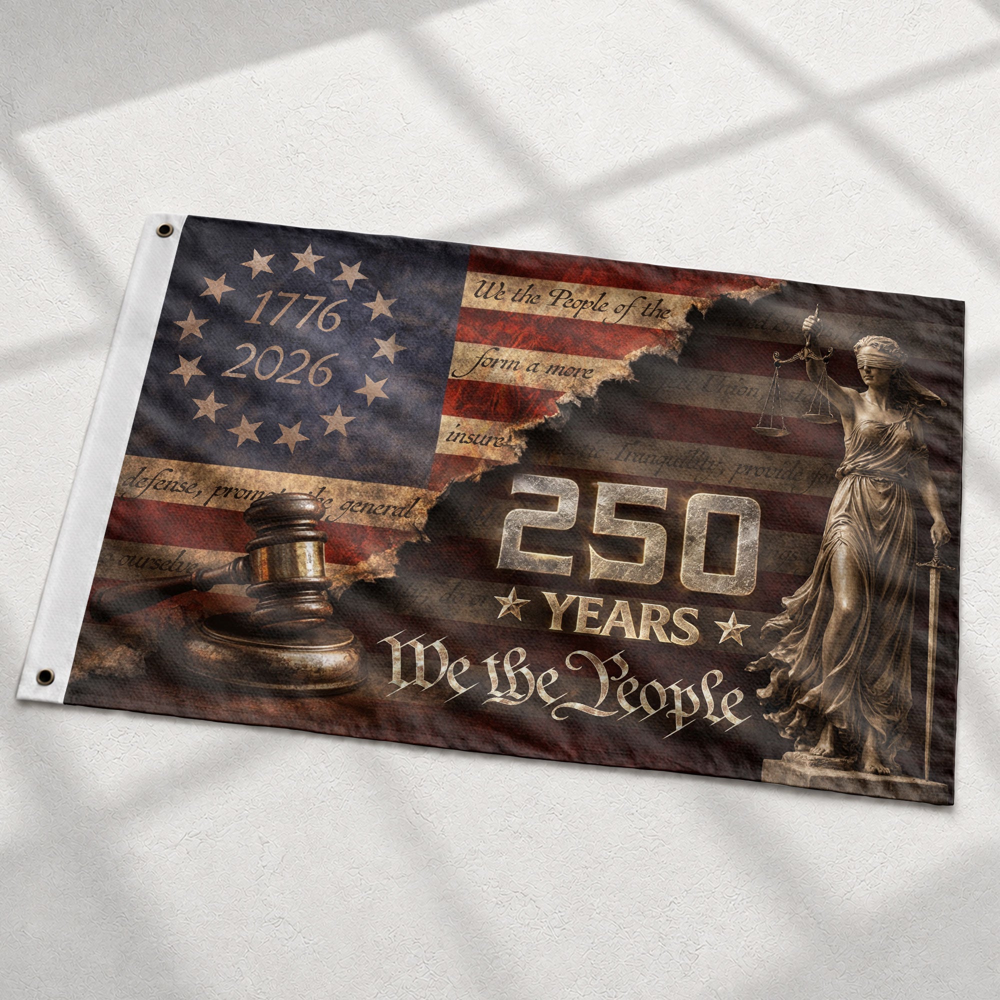 We The People House Flag 250 Years Patriotic Lady Justice 1776 2026 Outdoor Decor - Rust Field Wear