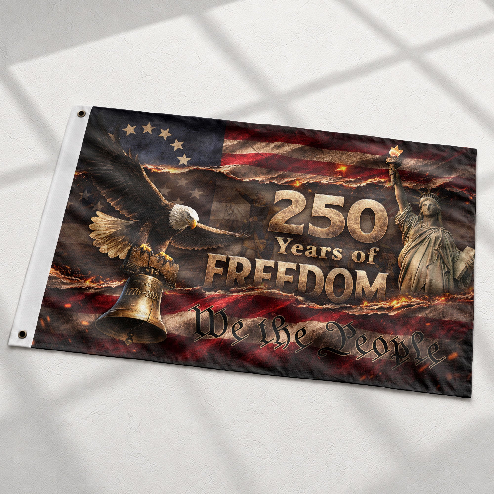 250 Years of Freedom House Flag 1776-2026 We The People Patriotic Shield Decor - Rust Field Wear