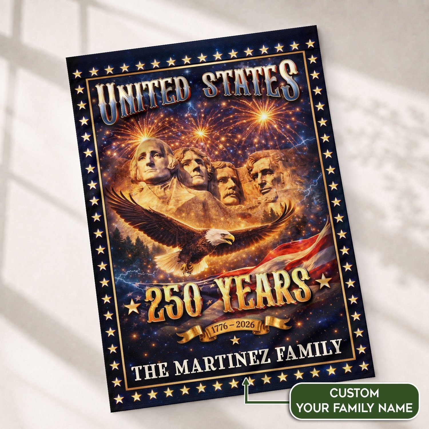 Mount Rushmore Patriotic Garden Flag Custom Family Name 250 Years 1776-2026 Banner - Rust Field Wear