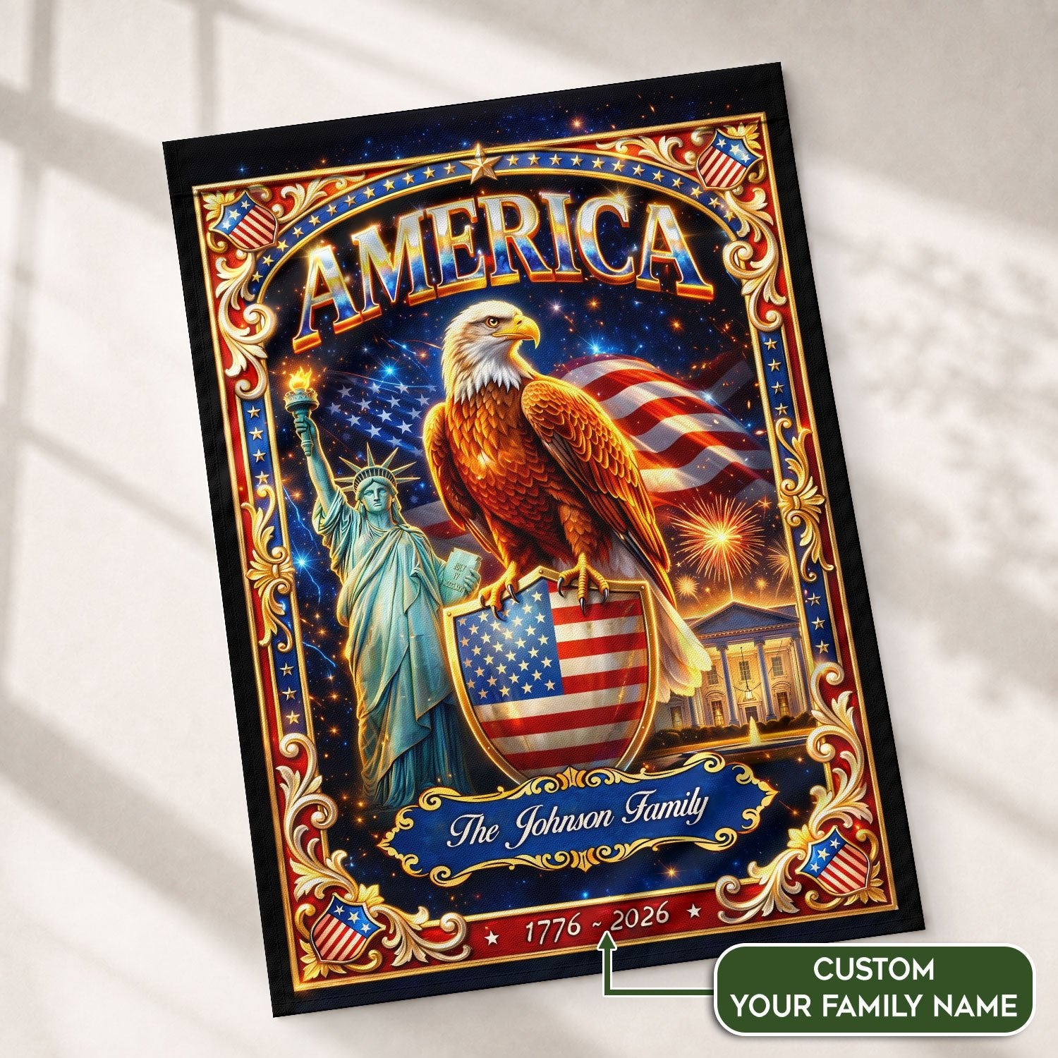 Custom Family Name 250th Anniversary Garden Flag – USA Eagle & Statue of Liberty 1776-2026 - Rust Field Wear