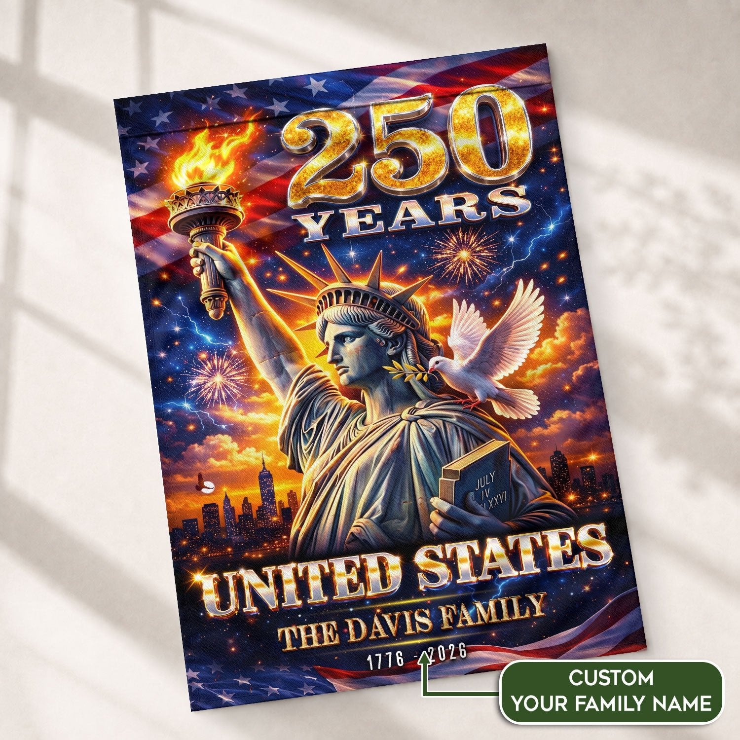 Custom Family Name 250th Anniversary Garden Flag – Statue of Liberty USA 1776-2026 - Rust Field Wear