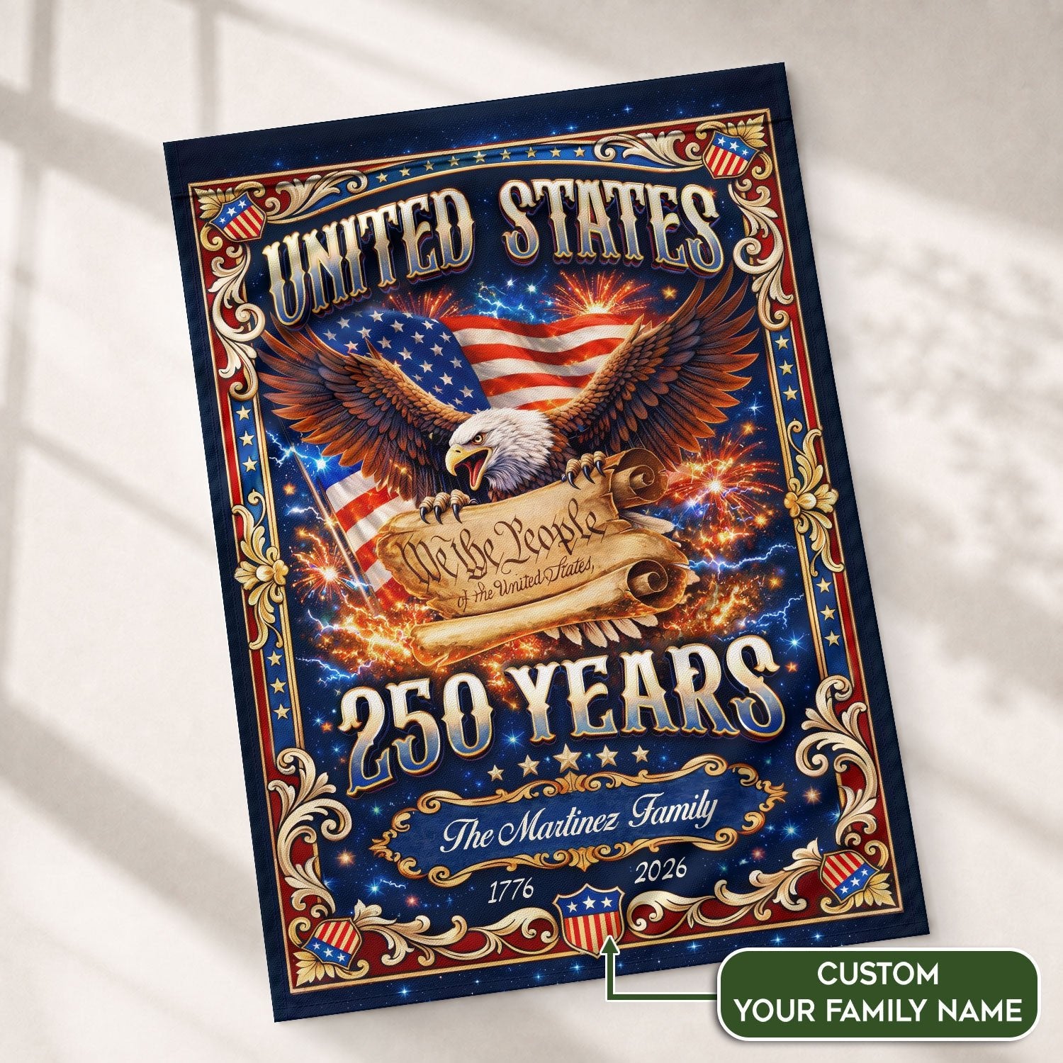Custom Family Name 250th Anniversary Garden Flag – USA Eagle & 'We the People' 1776-2026 - Rust Field Wear