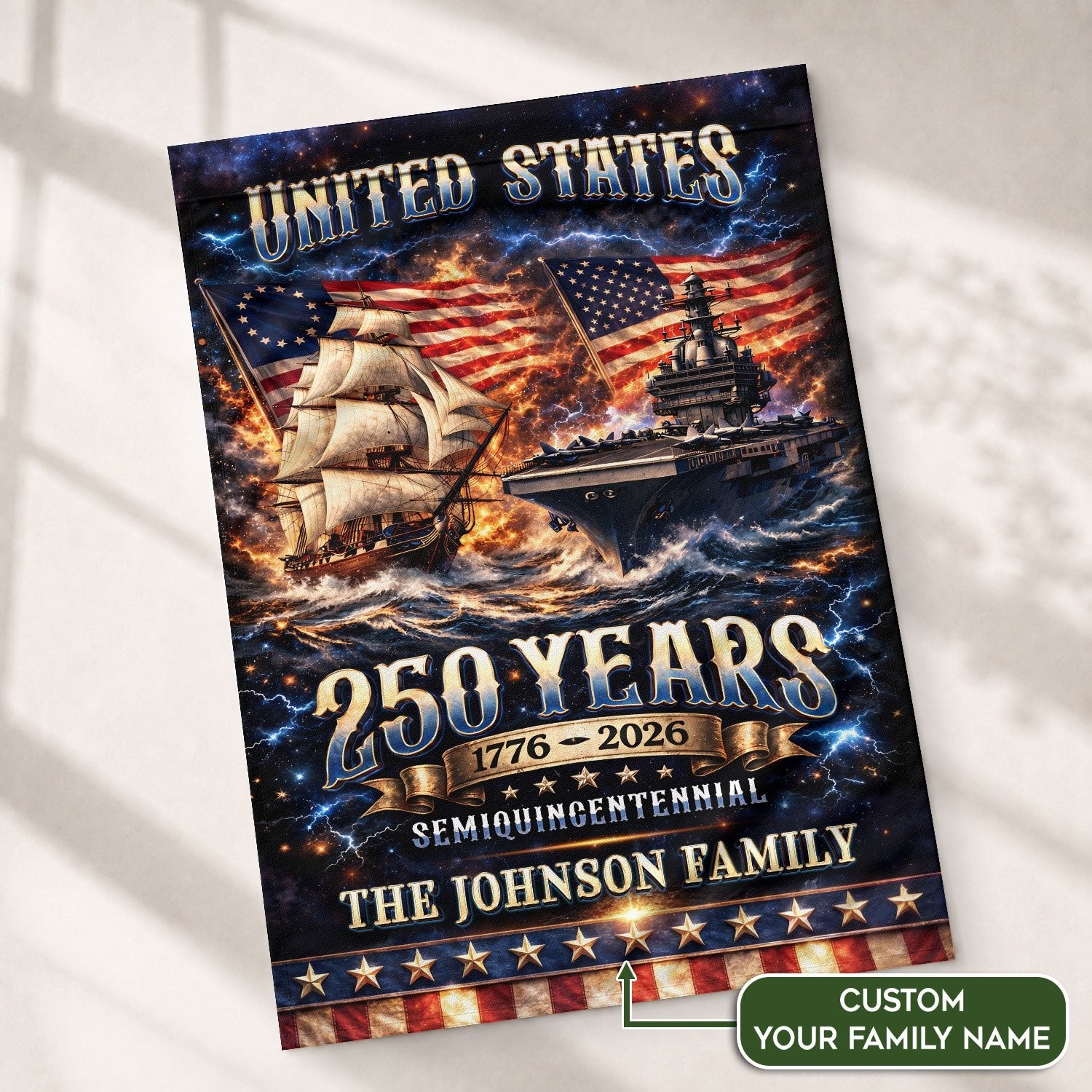 Custom Family Name 250th Anniversary Garden Flag – USA Ship & Navy 1776-2026 - Rust Field Wear