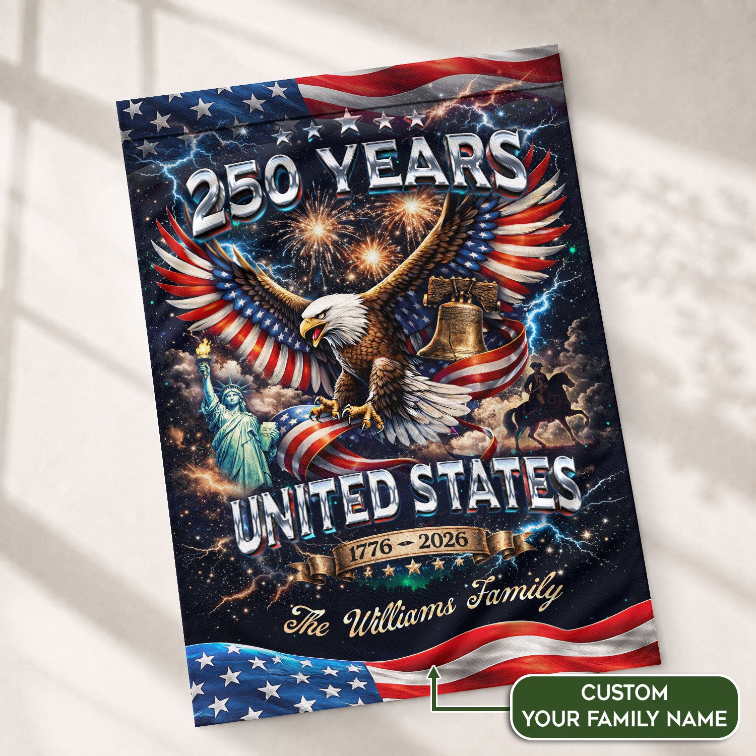 Personalized USA 250th Celebration Garden Flag – Patriotic Eagle, Statue & Fireworks Theme (1776–2026) - Rust Field Wear