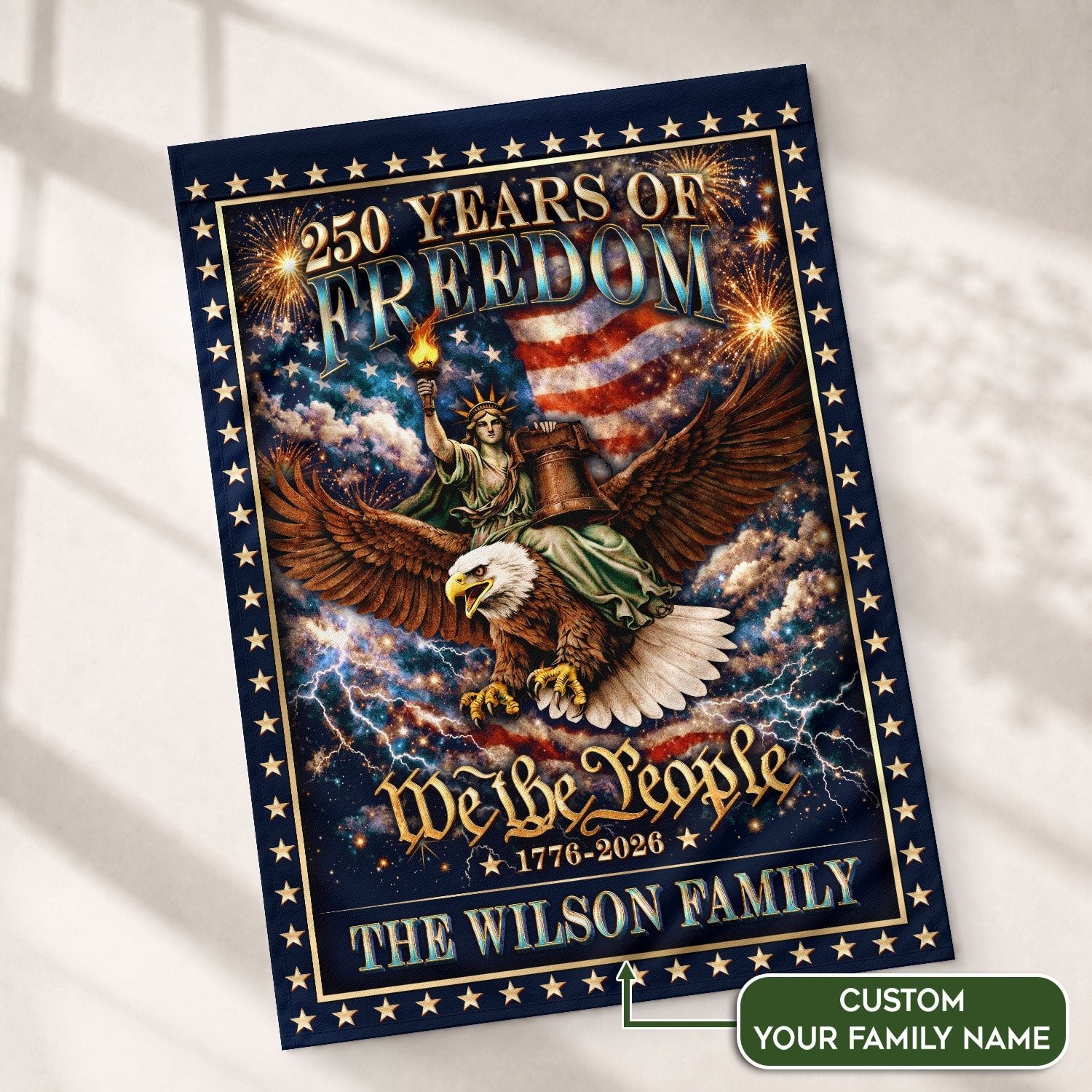 Personalized Patriotic Garden Flag – 250 Years of American Heritage with Liberty & Eagle Motif (1776–2026) - Rust Field Wear