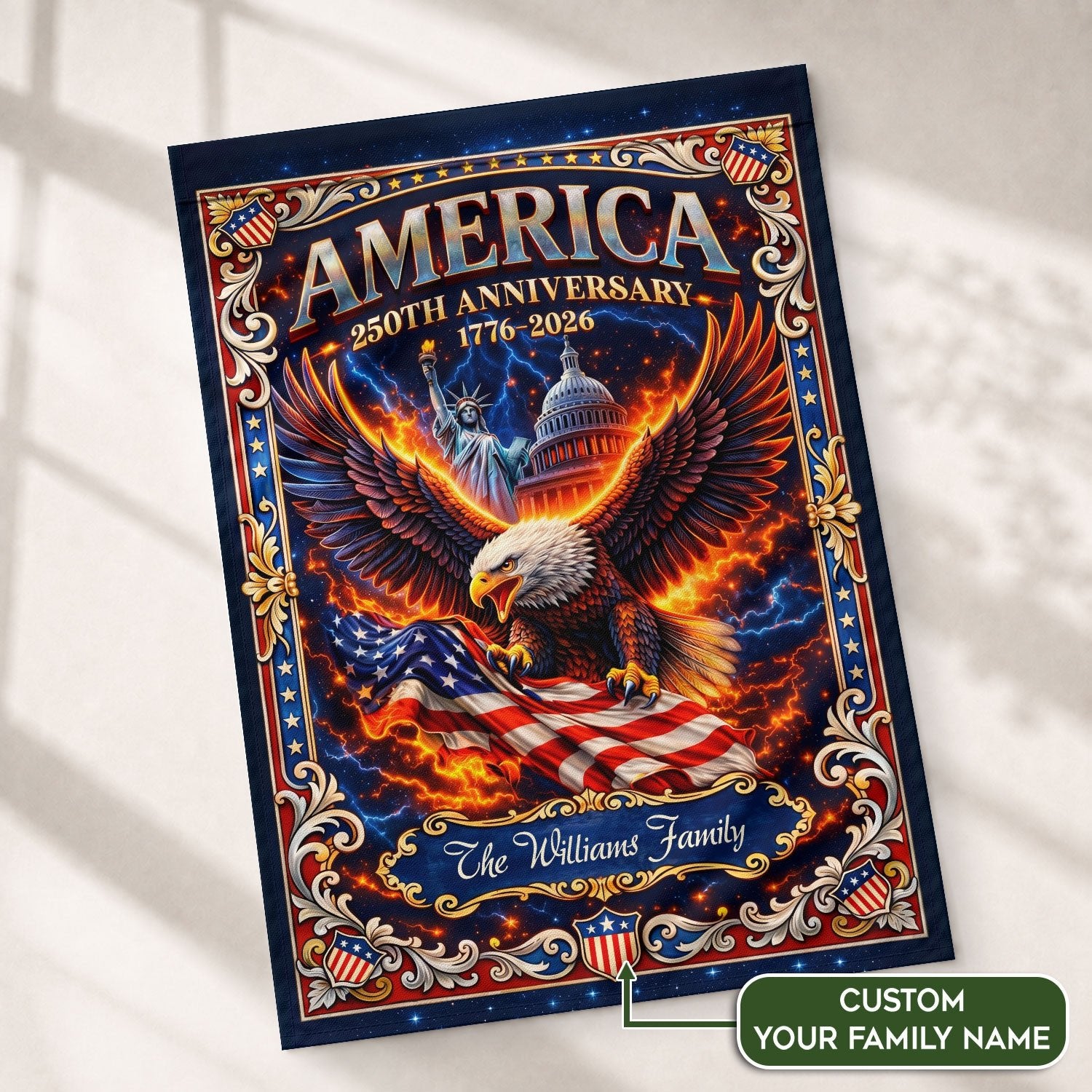 Personalized 250 Years USA Garden Flag – Family Name with Eagle, Statue of Liberty & Capitol (1776–2026) - Rust Field Wear
