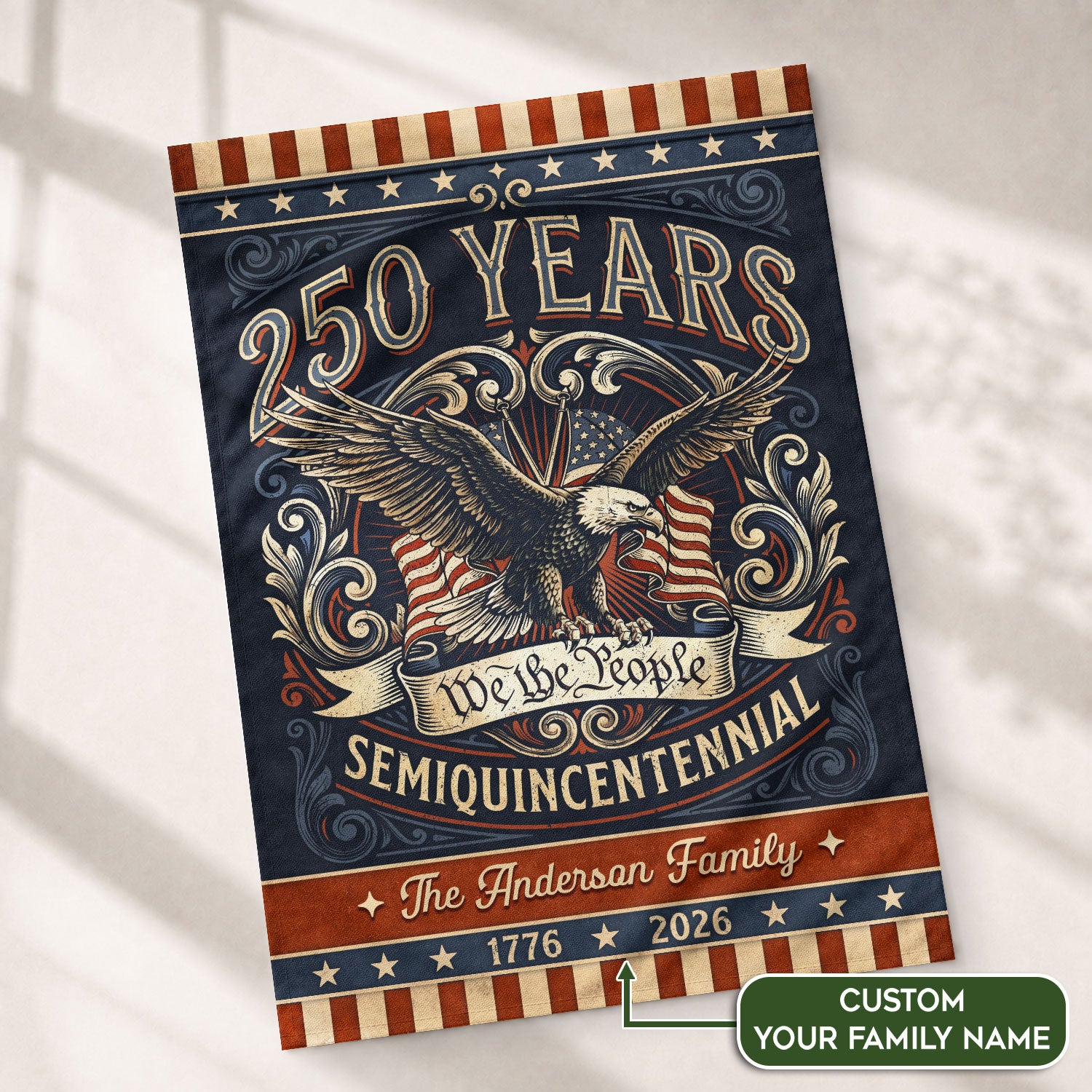 Personalized American Milestone Garden Flag – 250 Years Celebration with Eagle & “We the People” Design (1776–2026) - Rust Field Wear