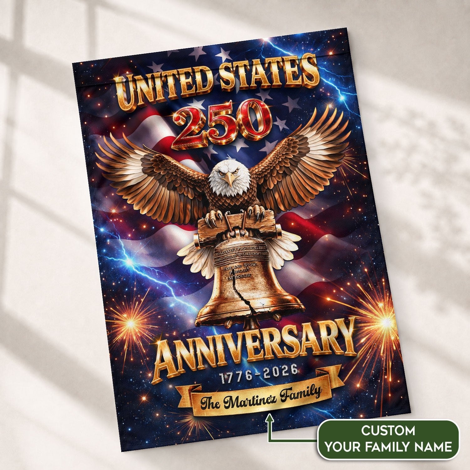 Personalized American Celebration Garden Flag – 250-Year Commemorative Design with Eagle & Liberty Bell (1776–2026) - Rust Field Wear