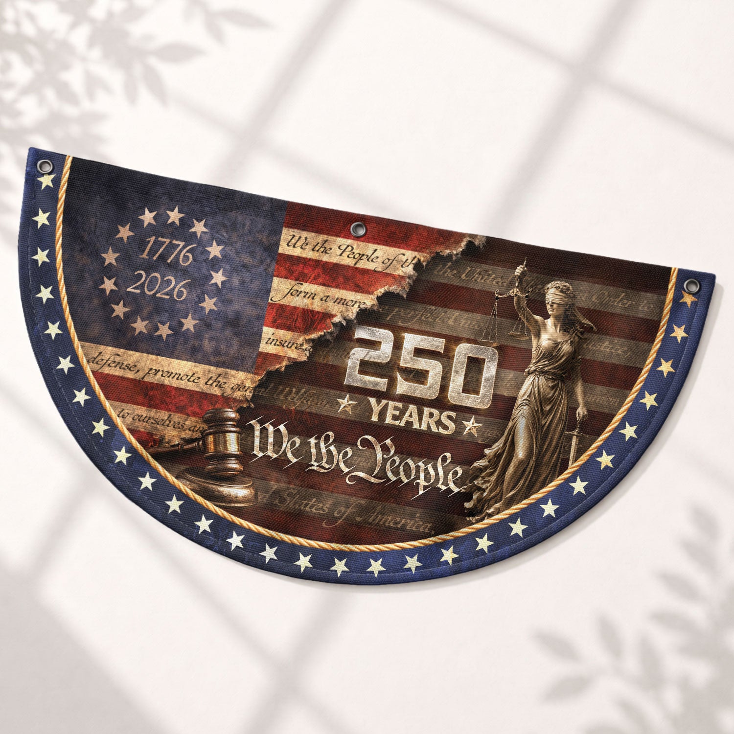We The People Fence Flag Lady Justice & Gavel 250 Years Patriotic - 1776-2026 Decor