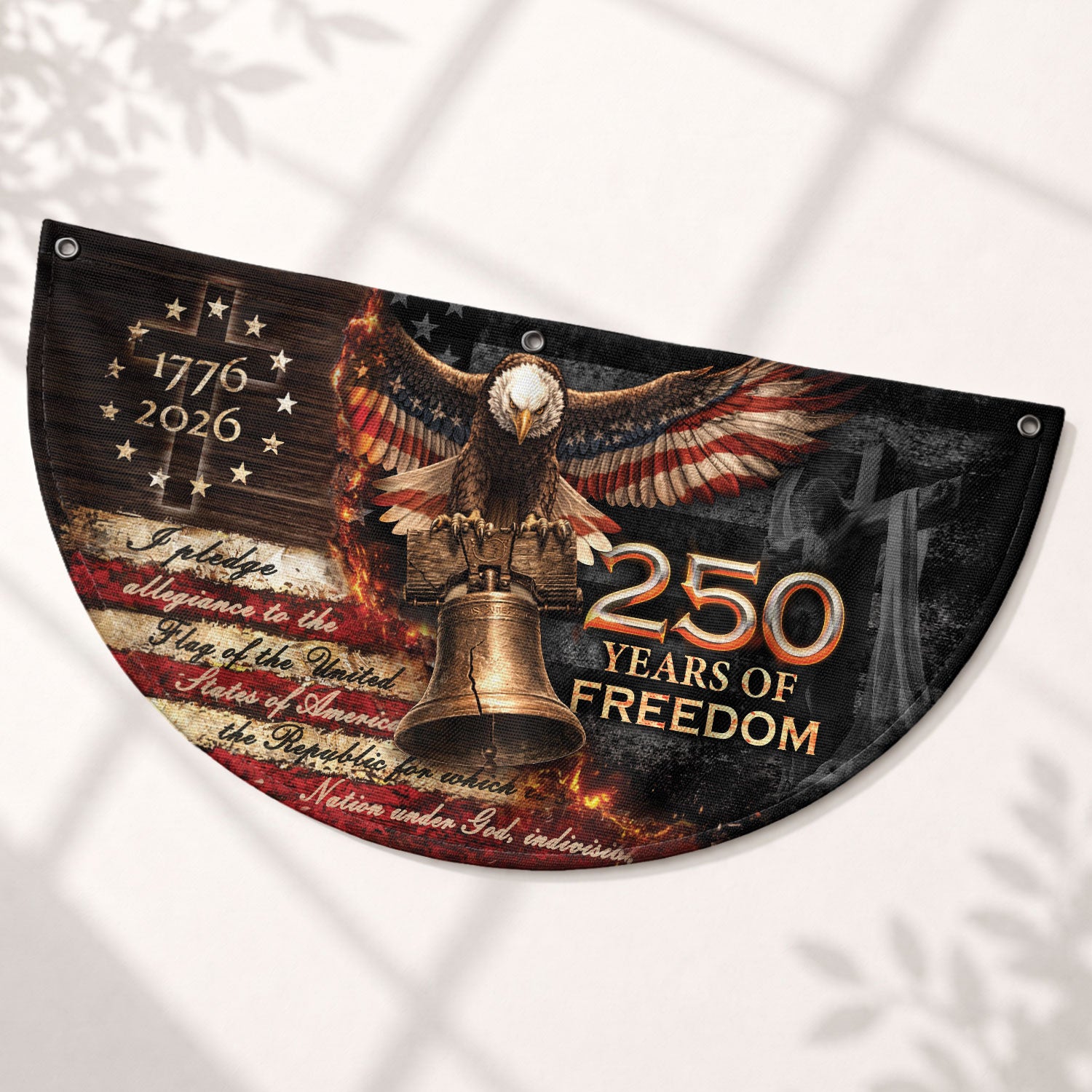 250 Years of Freedom Fence Flag 1776-2026 – Christian Patriotic Cross & Liberty Bell USA Double Sided Banner
