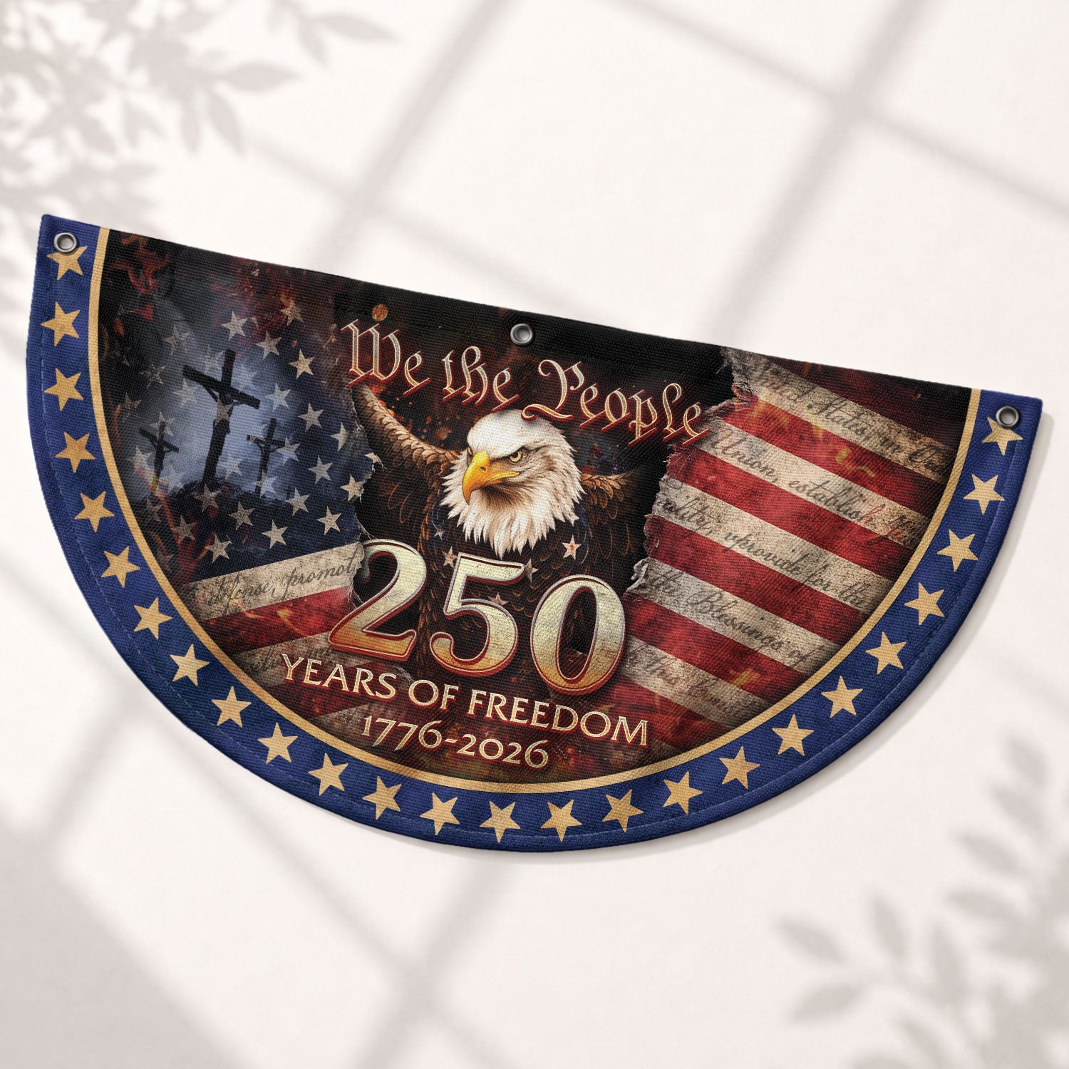 USA 250th Anniversary Fence Flag 1776-2026 – American Flag with Cross We The People Christian Patriotic Banner