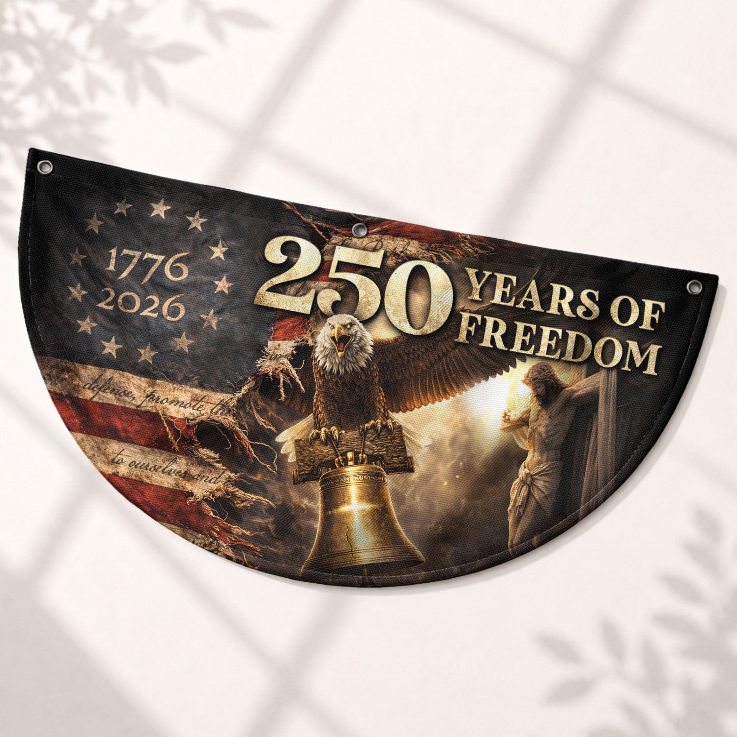 250 Years USA Anniversary Fence Flag 1776-2026 – Jesus & Eagle Christian Patriotic Double Sided Banner - Rust Field Wear
