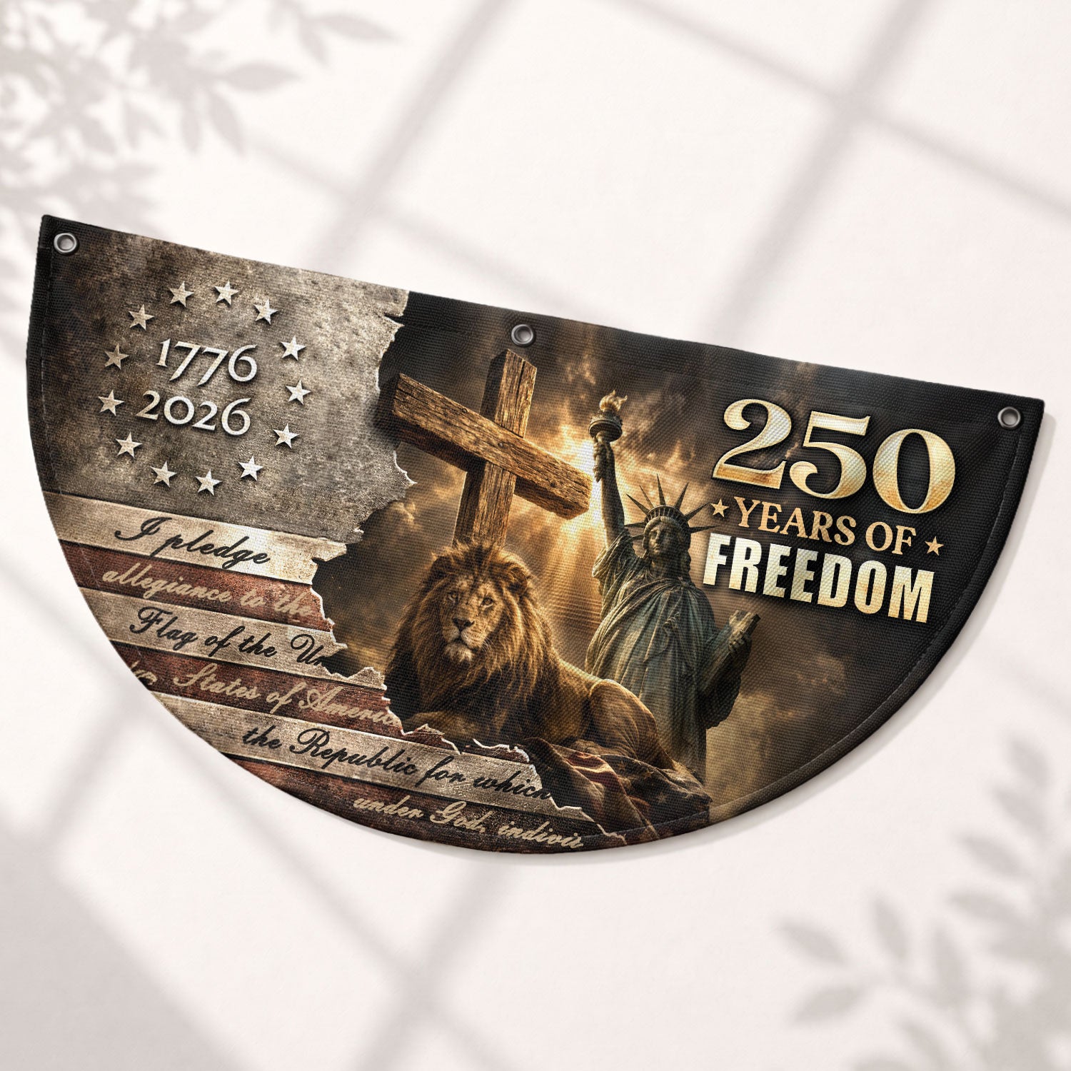 God Bless America 250 Years Fence Flag 1776-2026 – Lion & Cross Christian Patriotic USA Double Sided Banner - Rust Field Wear