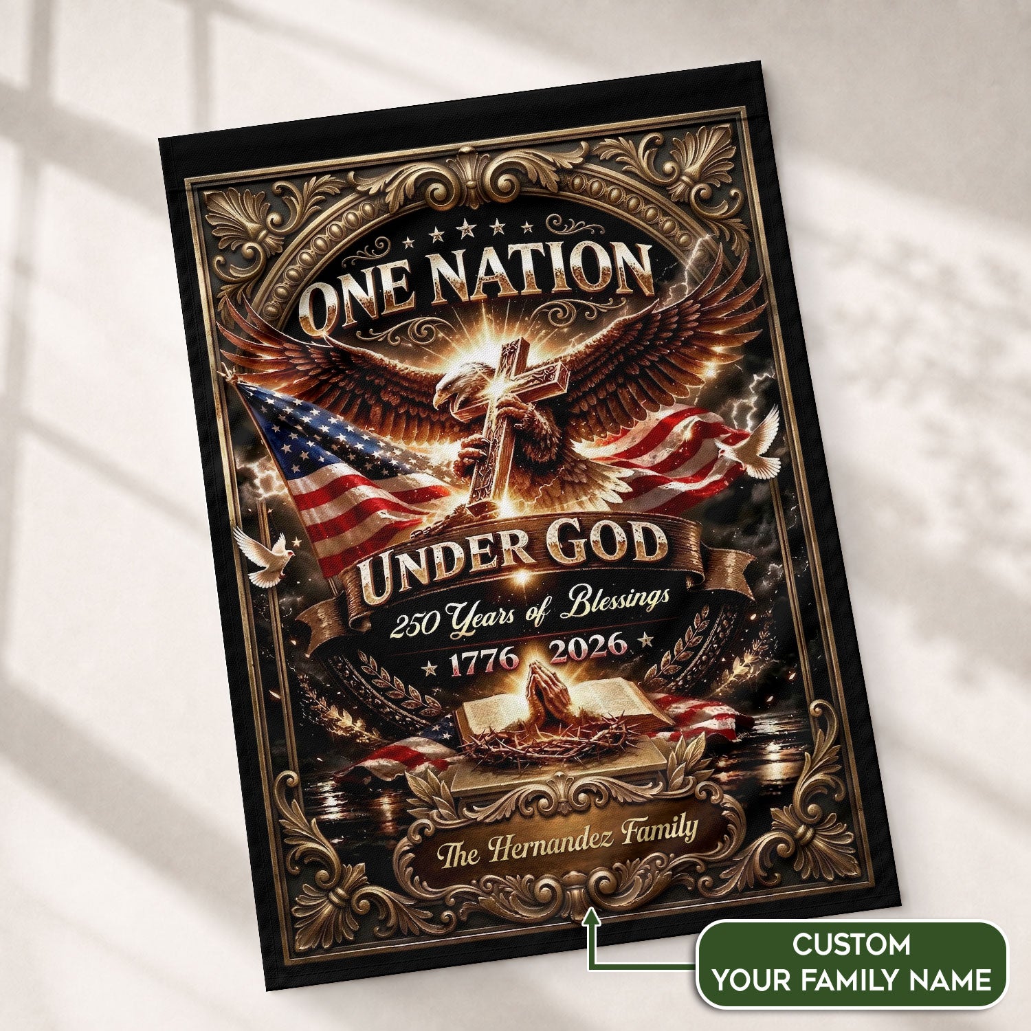 One Nation Under God 250th Anniversary Garden Flag – Custom Family Name with Eagle, Cross & Bible 1776-2026 - Rust Field Wear