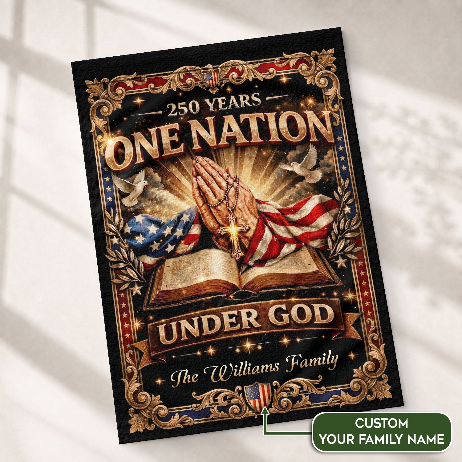 One Nation Under God 250th Anniversary Garden Flag – Custom Family Name with Praying Hands, Bible & Cross 1776-2026 - Rust Field Wear