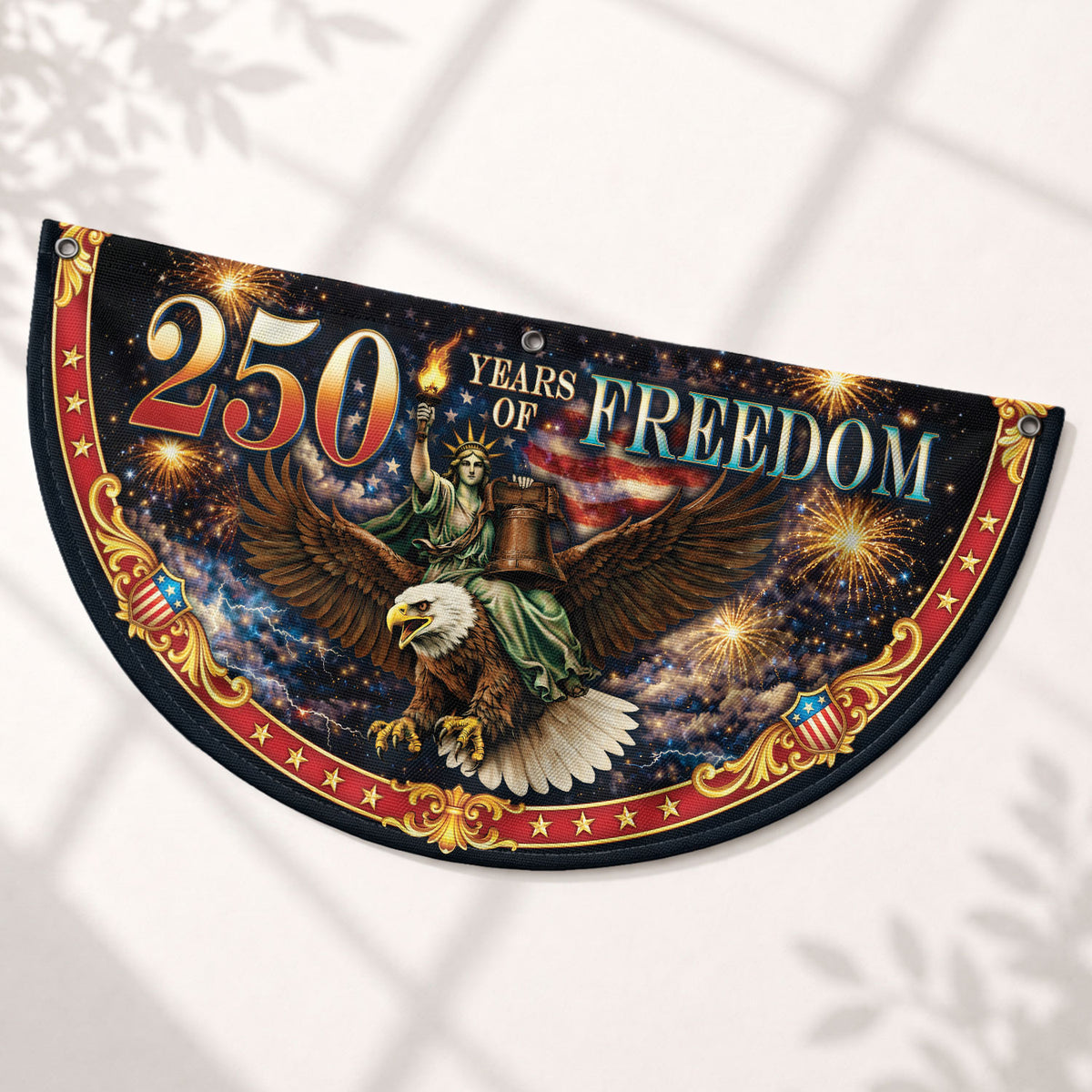 Fence Flag 250 Years of Freedom 1776-2026 Patriotic Eagle Liberty Bell Fireworks Banner - Rust Field Wear