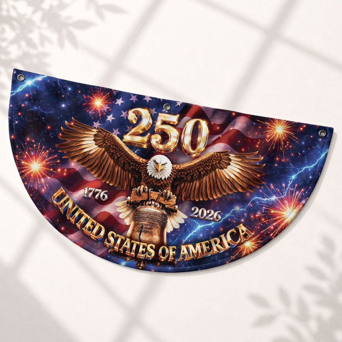 250 Years United States Fence Flag 1776-2026 Patriotic Liberty Eagle Bell - Rust Field Wear