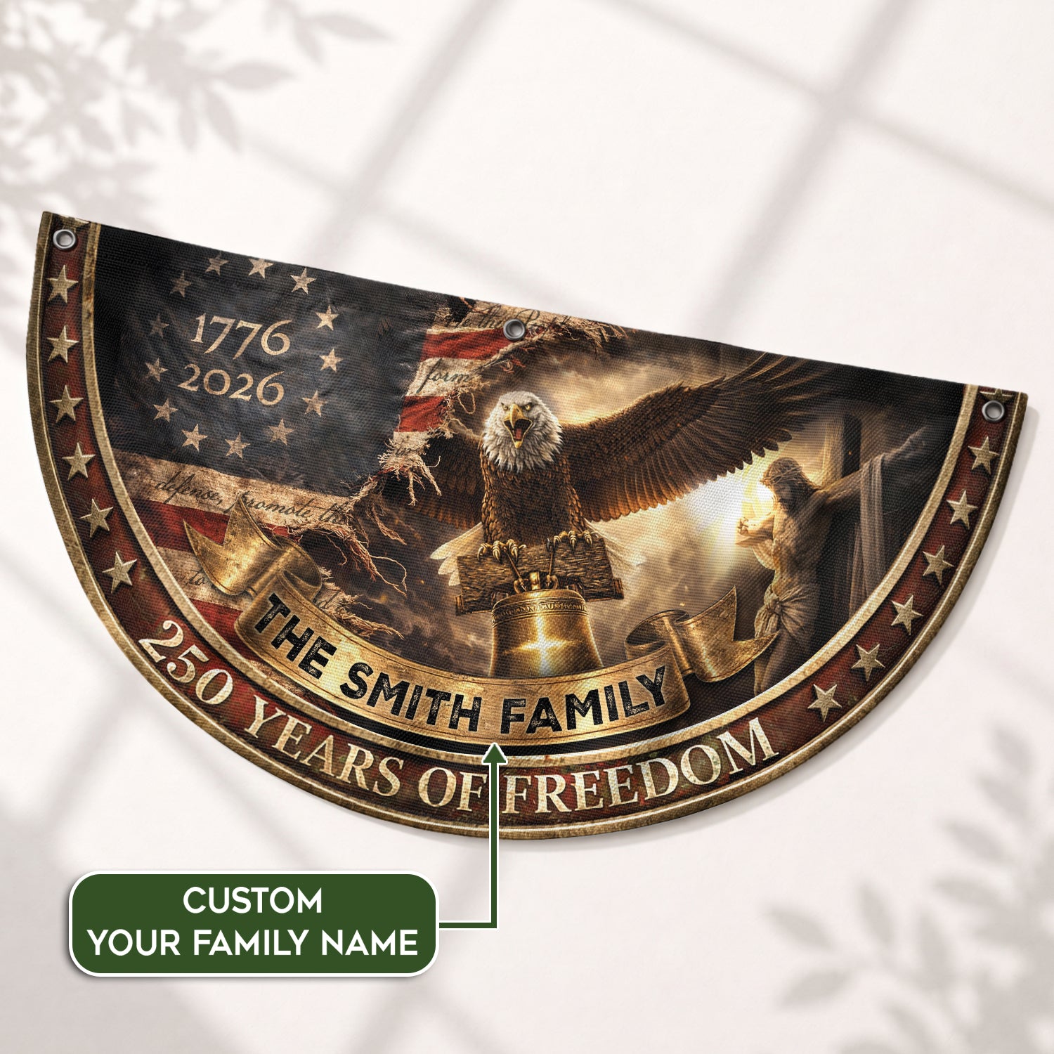 250 Years of Freedom Flag Fence Flag Custom Family Name American Flag with Cross Christian 250th Anniversary Patriotic Banner Gift