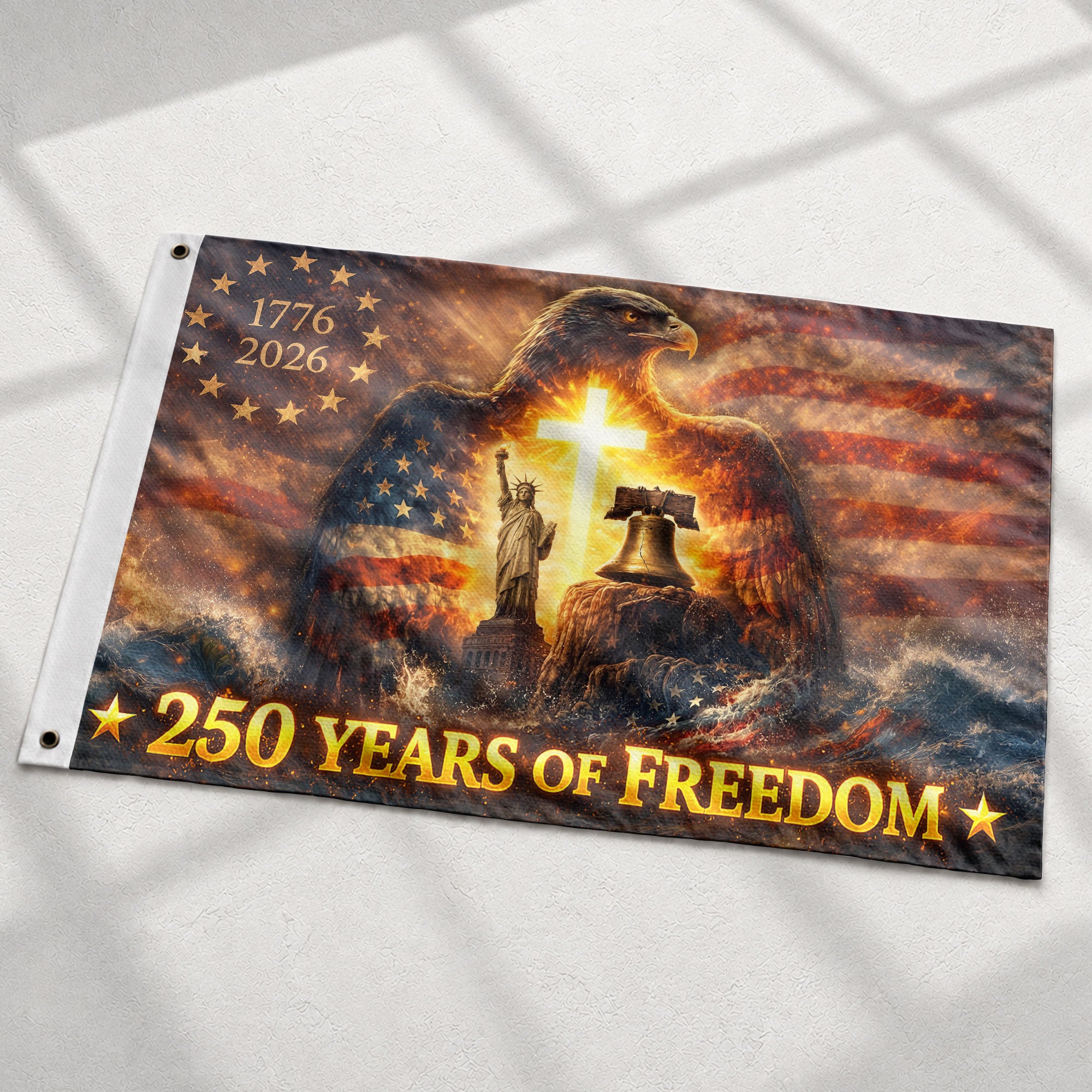 Christian Cross Eagle 250th Anniversary USA House Flag, 250 Years Freedom 1776–2026 - Rust Field Wear